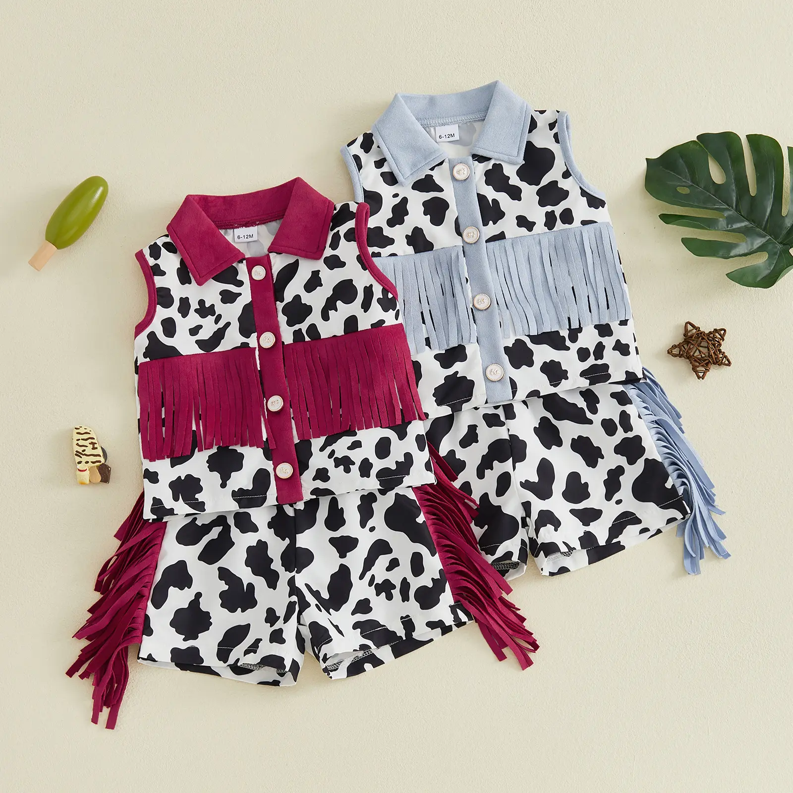 FOCUSNORM Western Toddler Baby Girl Clothes Cow Print Shirt Ruffle Sleeve Button Tops and Shorts Set Tassel Cowgirl Outfits