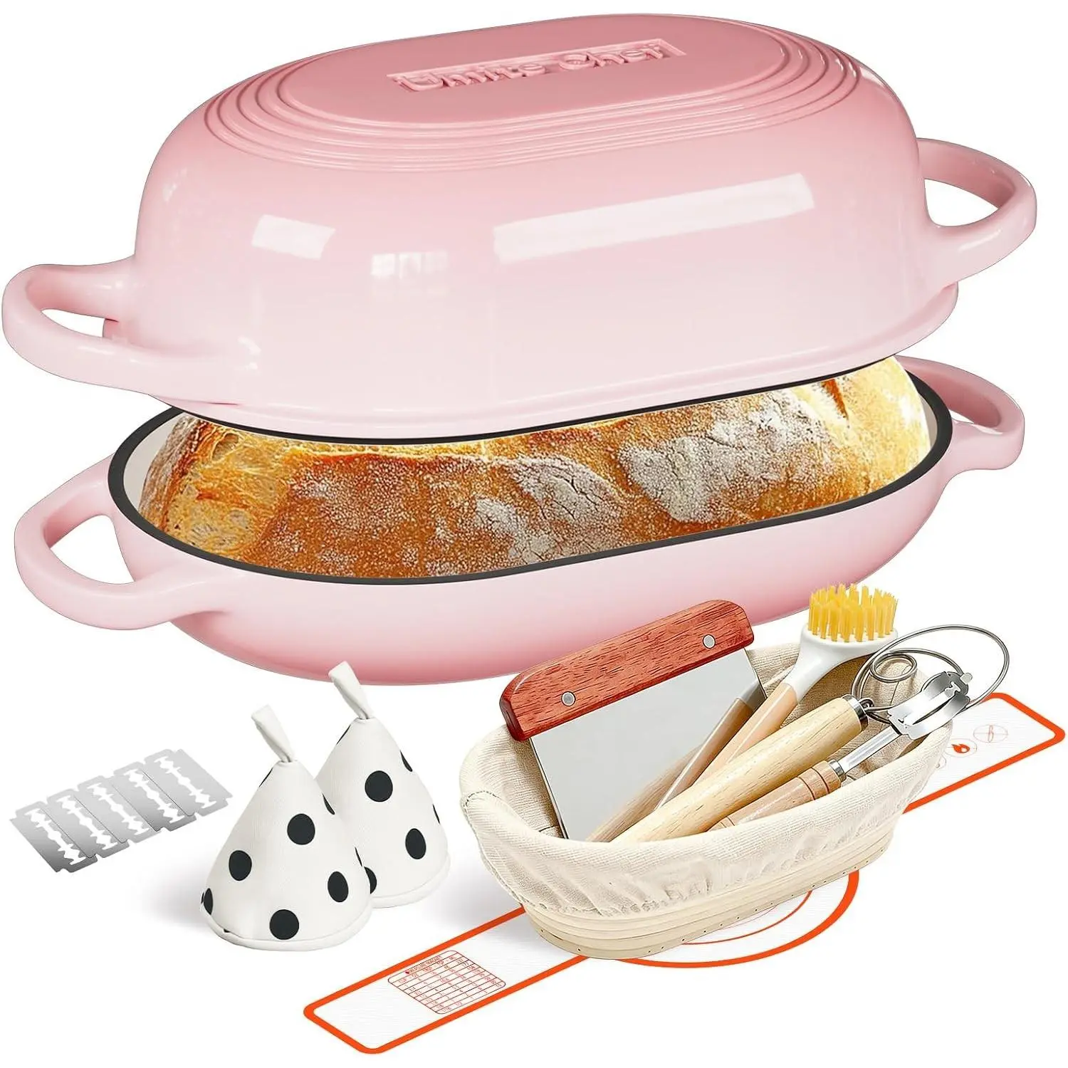 Enameled Cast Iron Sourdough Bread Oven Dutch Oven for Bread Baking, Incl Banneton Proofing Basket 5QT Loaf Cast Iron Bread Pan Baking Kit with Sourdough Baking Tools Lame Pink