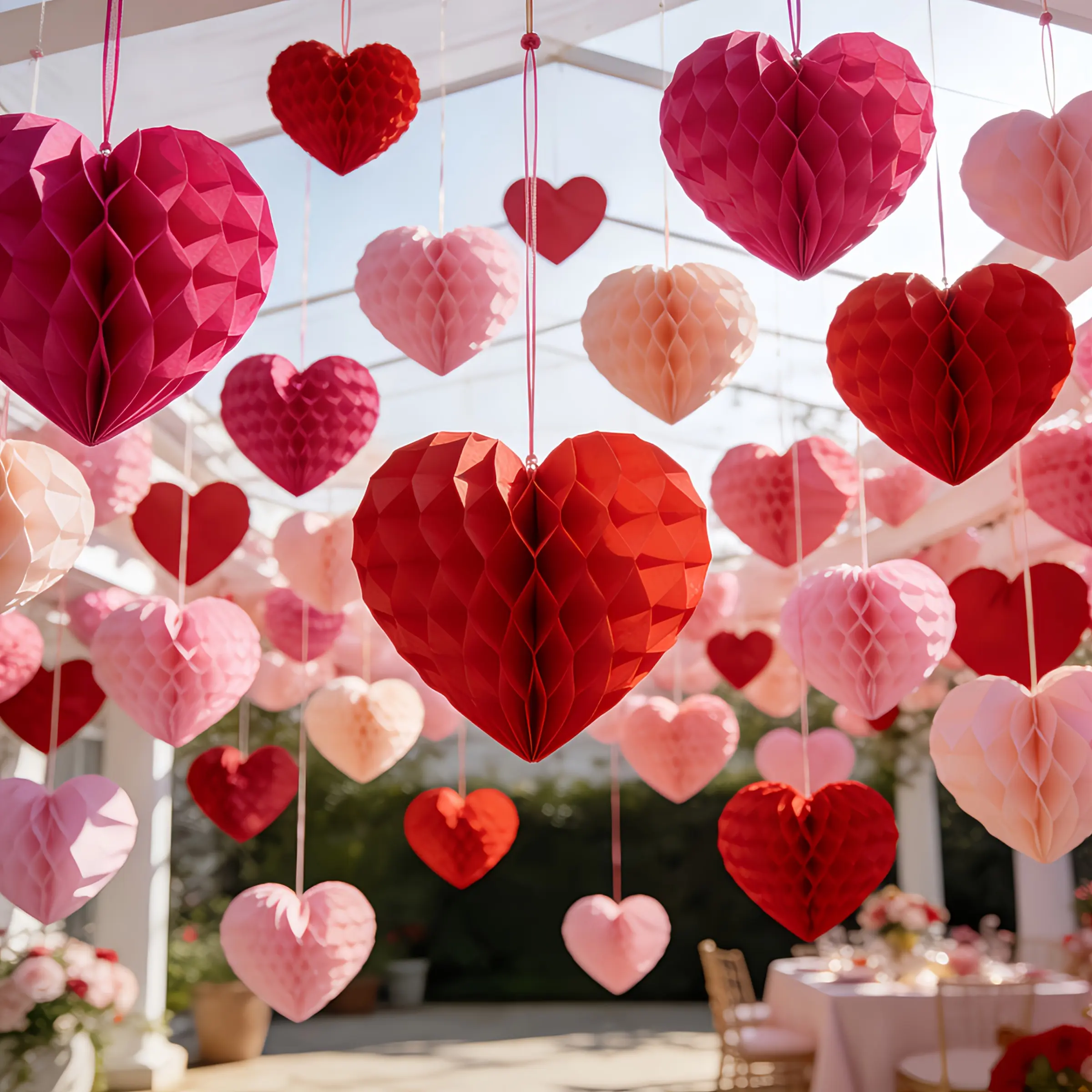 8-Pack Valentine's Day Pom Pom Decor Set ❤️ Red & Pink Honeycomb Balls - No-Power Hanging Heart Ornaments for Wedding, Birthday & Housewarming