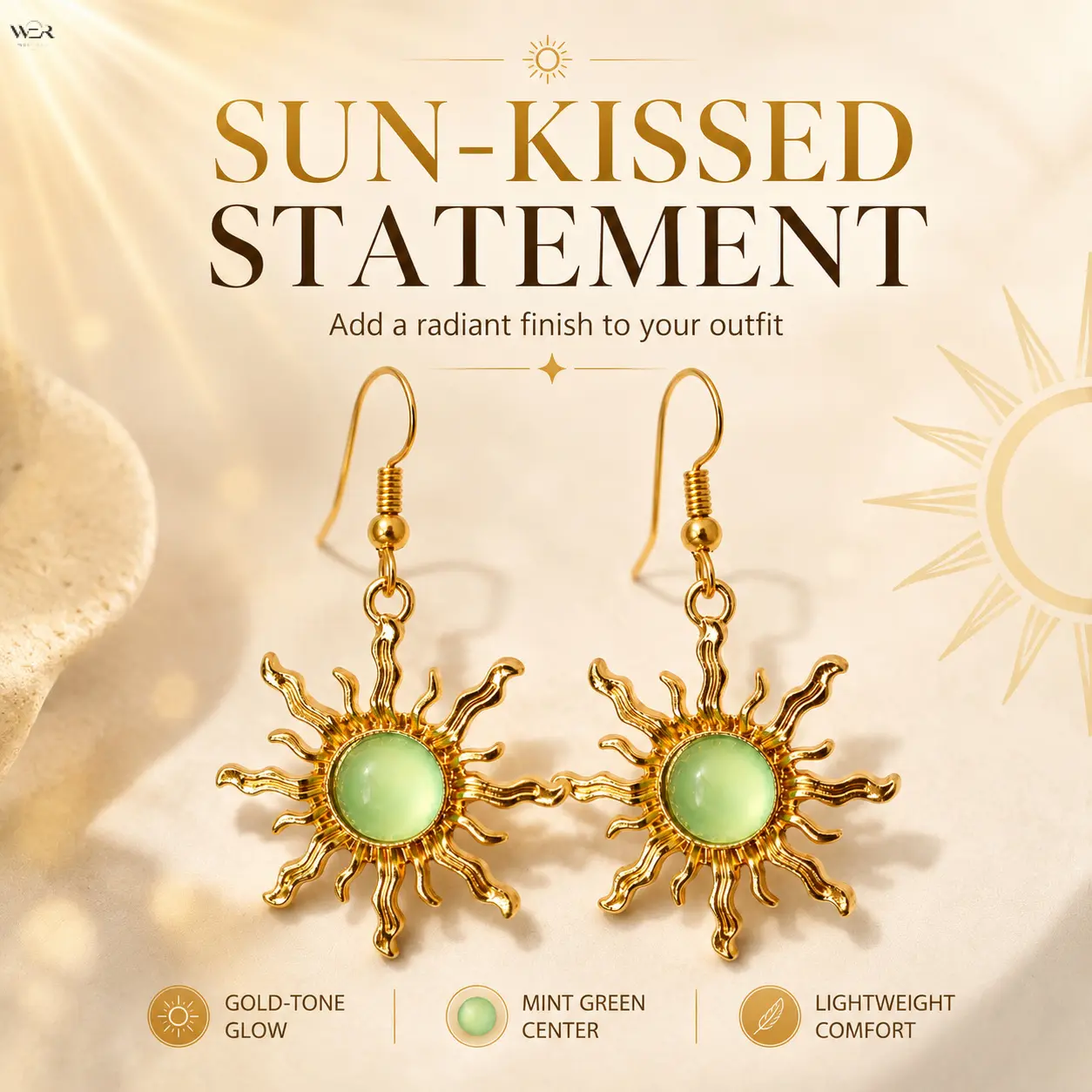 Women's Gold Tone Glow Sunburst Earrings, 4.7cm Drop Mint Green Stone Dangle, Boho Design, 6g Lightweight Comfortable Versatile, Female Daily Wear-Party Gift Fashion Costume Jewelry Accessory, Earrings For Women, Casual, Sun-Kissed Charm, Drop Earrings