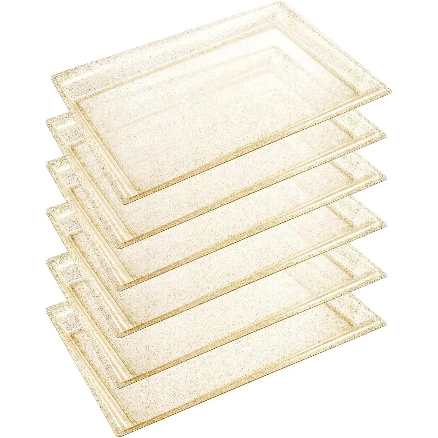 6 Pack Gold Glitter Clear Disposable Plastic Serving Trays, 15" x 10" Crooked Food Platters for Parties, Weddings