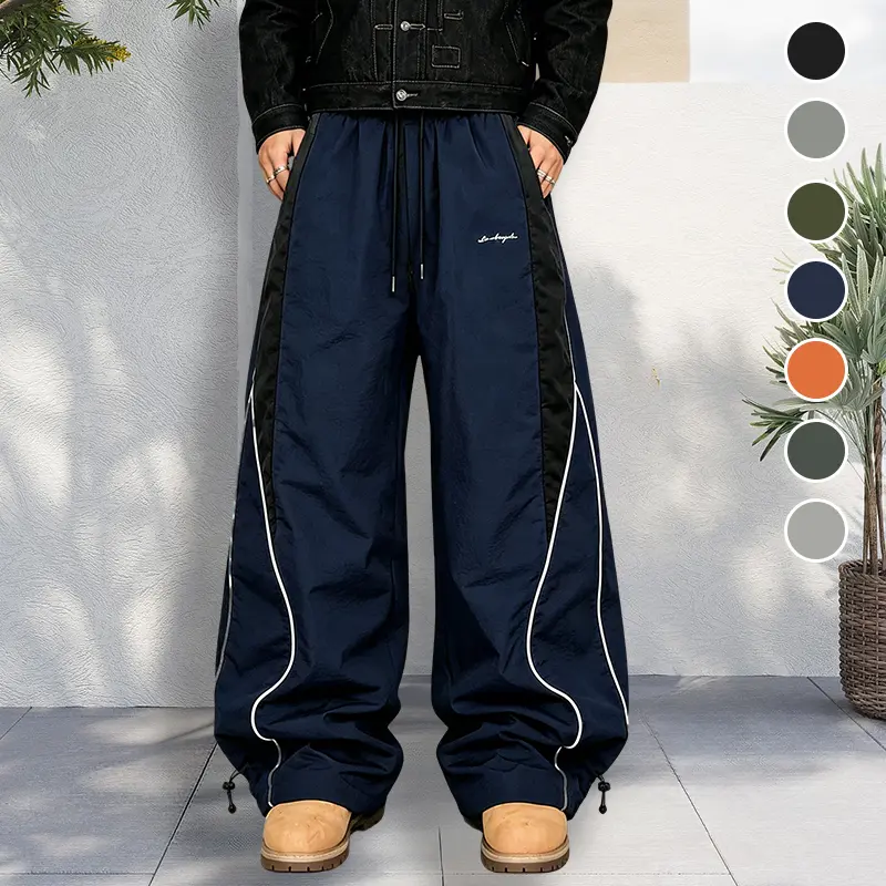 Men's American Techwear Side Gray Panel White Piping Wide Leg Windbreaker Pants, Dual Drawstring Waist & Ankle Convertible Jogger Floor Trousers, Lightweight Water Resistant Windproof Quick Dry Breathable Loose Straight Embroidered Cargo Pants For Hip Hop