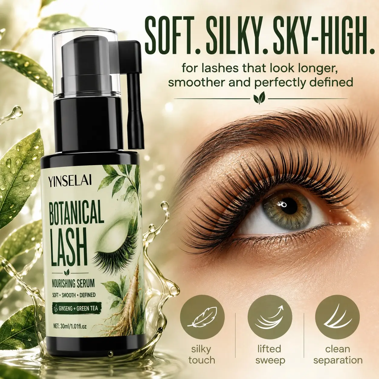 Plant-Based Lash Care Solution, Ginseng Tea Lash Thickening Serum, Nourishes Weak Lashes, Natural Long and Bright Lashes, Longer Looking Lashes, Daily Use