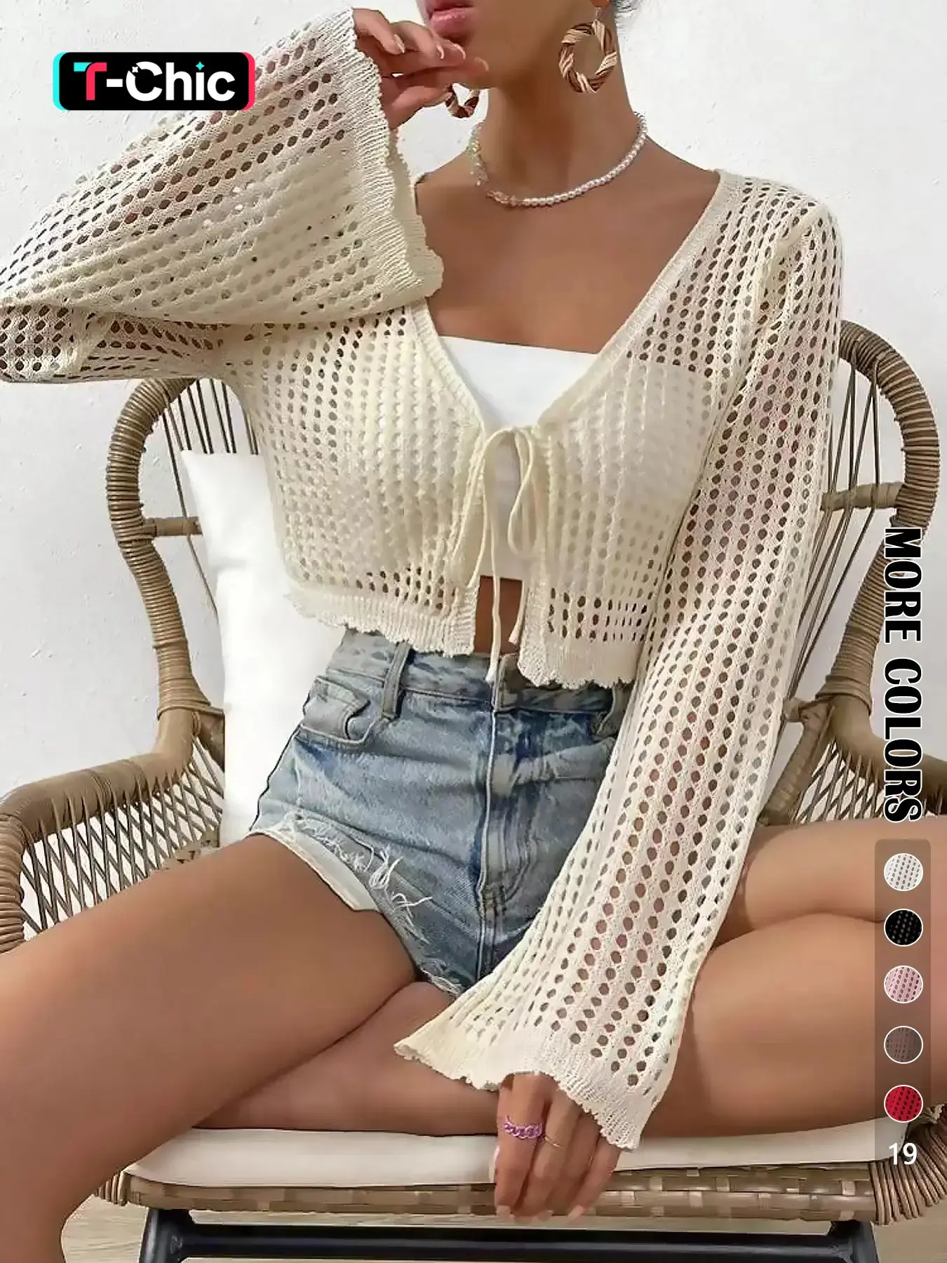 Women's Plain Hollow Out Tie Front Crop Cardigan, Casual Feminine Flounce Long Sleeve V Neck Cover-Up Knitwear Fit for Spring, Summer & Fall, Women's Knit Clothing Tops for Daily Wear