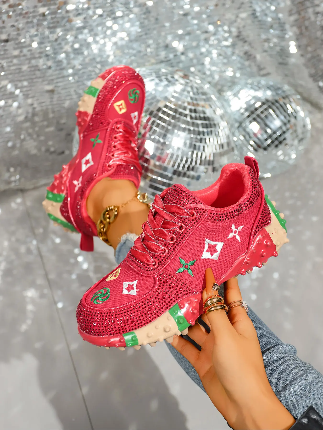 Ladies Vintage Denim Rhinestone Low Chunky Casual Sneakers Non Slip Spike Sole Colorful Embroidery Nightclub Concert Sparkly Footwear