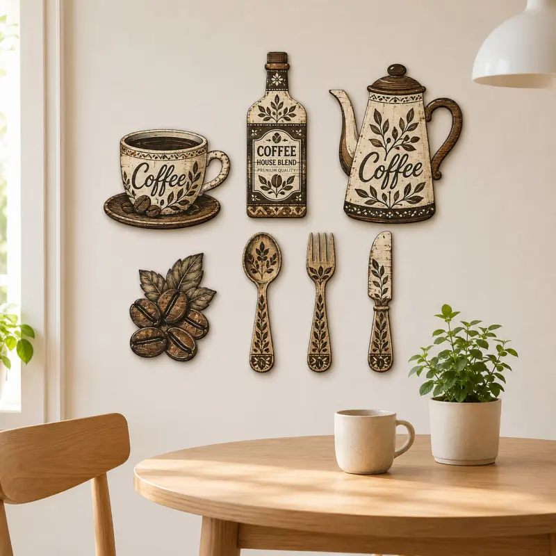 2D Flat, 7pcs Wooden Wall & Table Decor Plaque Set, Farmhouse Vintage Rustic Design, Irregular Shaped Plaque with Wood Grain, Home Decoration for Dining Room and Holiday Gift
