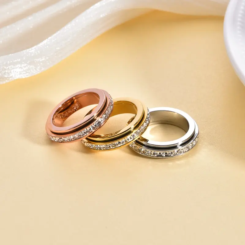 5MM Rotatable Double-Band Couple Ring, Single-Row Square Crystal Band, Full Star Pavé-Set Fidget Ring for Stress Relief, Couple Wear, Daily Outfit Matching Finger Jewelry