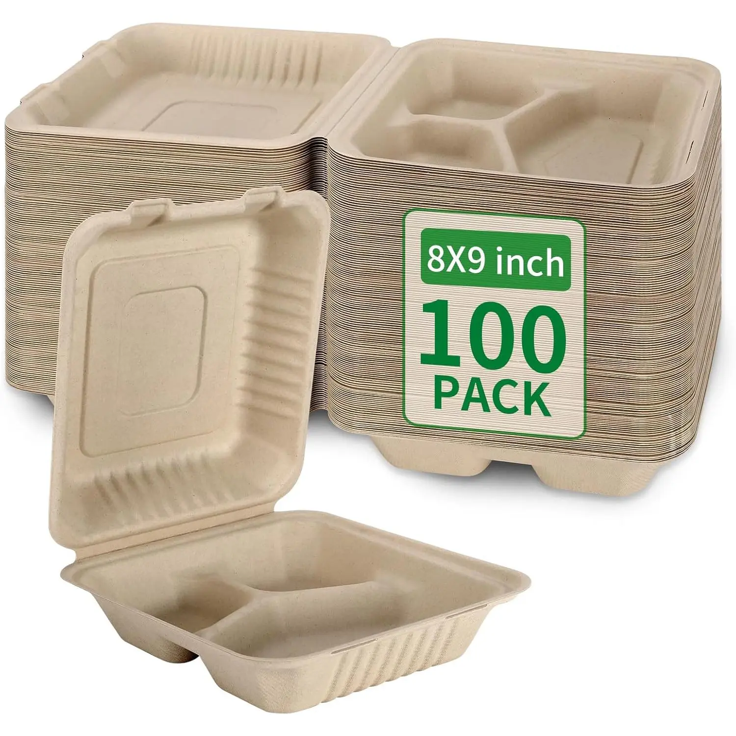 100-Piece 3-Compartment Sugarcane Residue Takeout Lunch Boxes with Lids, 8*9in Disposable Eco-Friendly PFAS-Free Biodegradable Tableware for Wedding & Home Supplies, Food Takeout