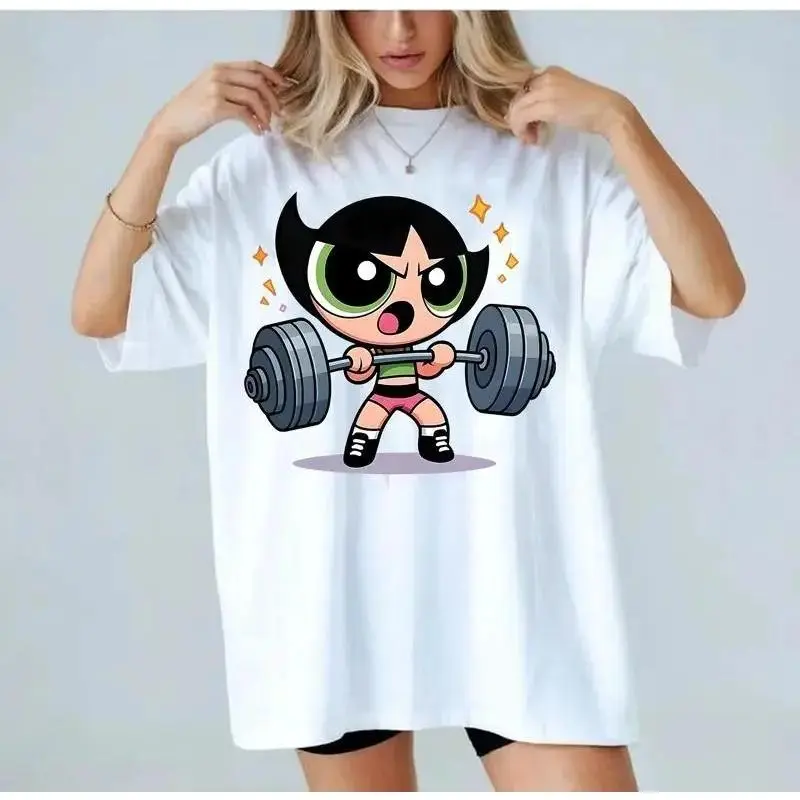 Power # puff Girls Vintage Gym Girl Shirt, Cartoon Style Workout Tee, Weightlifting Graphic Tee, Bodybuilding Tee, Cute Aesthetic Gym Shirt