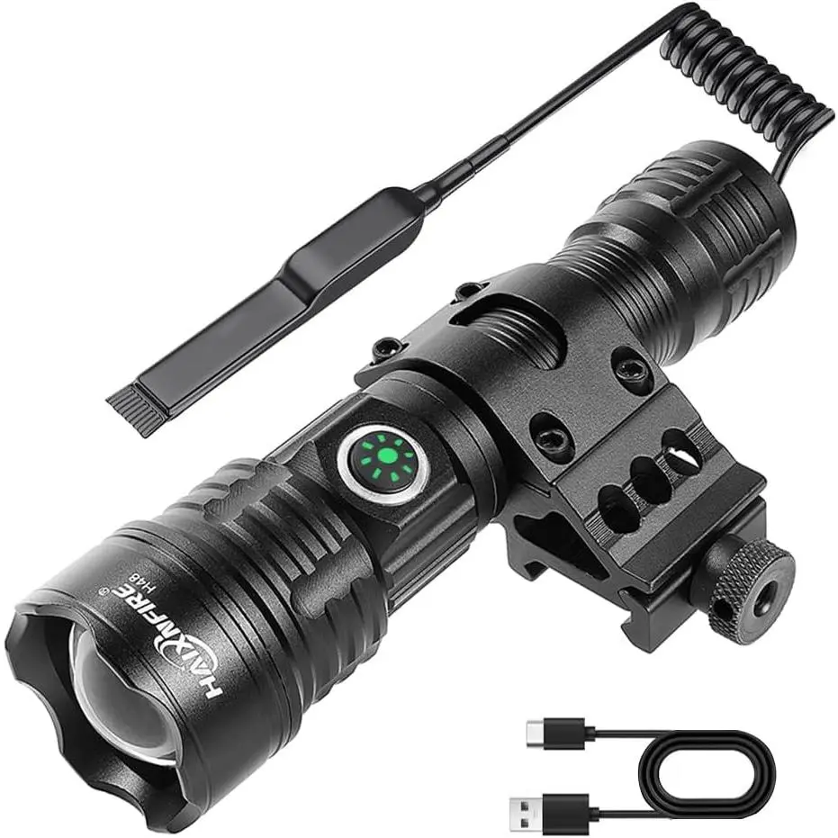 Aircraft Alum. Tactical Flashlight, 6000 Lumen Long Range LED for Outdoors, USB-C Rechargeable and Zoomable with Strobe Modes, Includes Picatinny Rail Mount & Pressure Switch, Zoomable Led