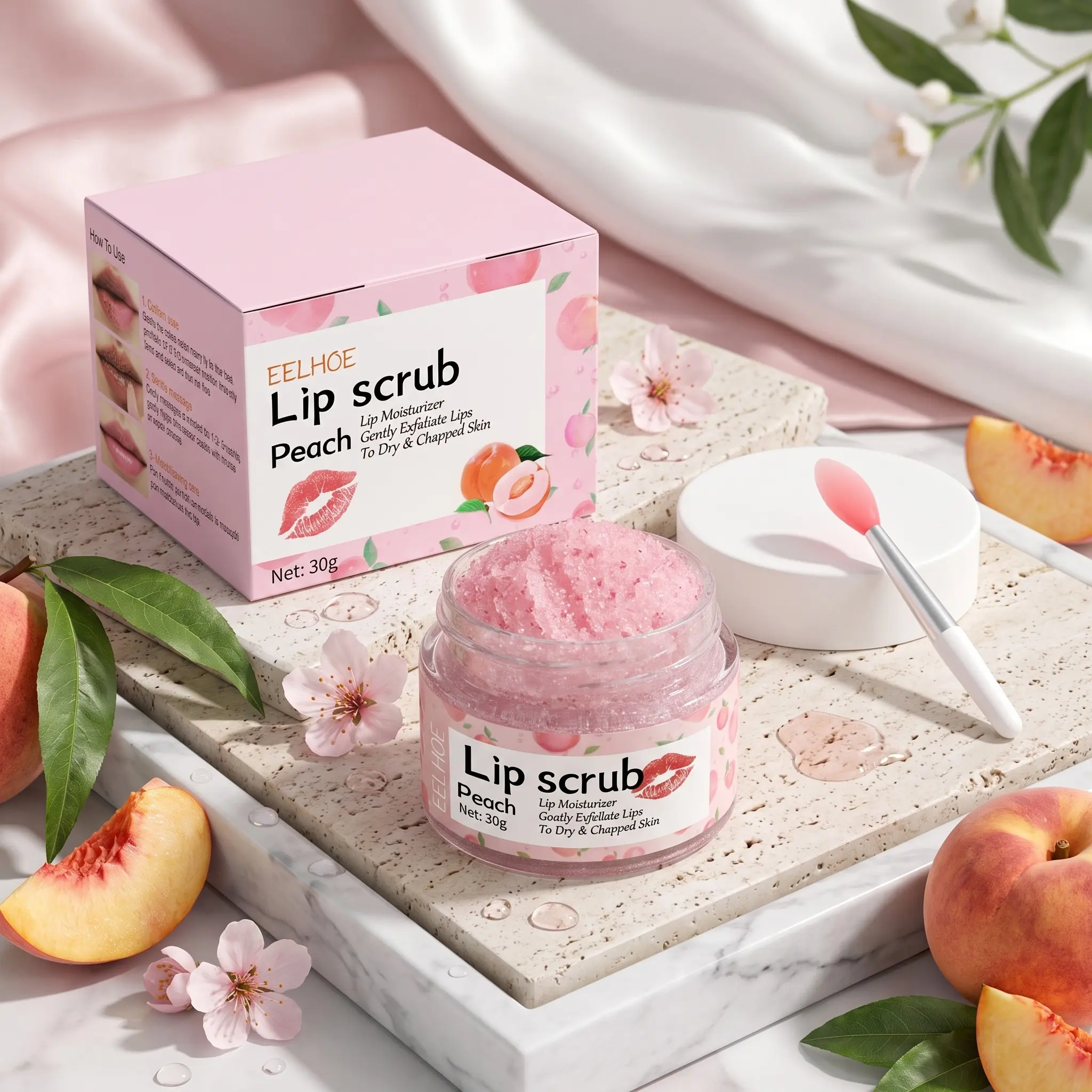 Peach Lip Scrub with Brush, Exfoliating Lip Scrub, Reducing the Look of Lip Lines, Lip Line Reduction, Lip Care Product for Women & Girls, Exfoliating Lip Treatment