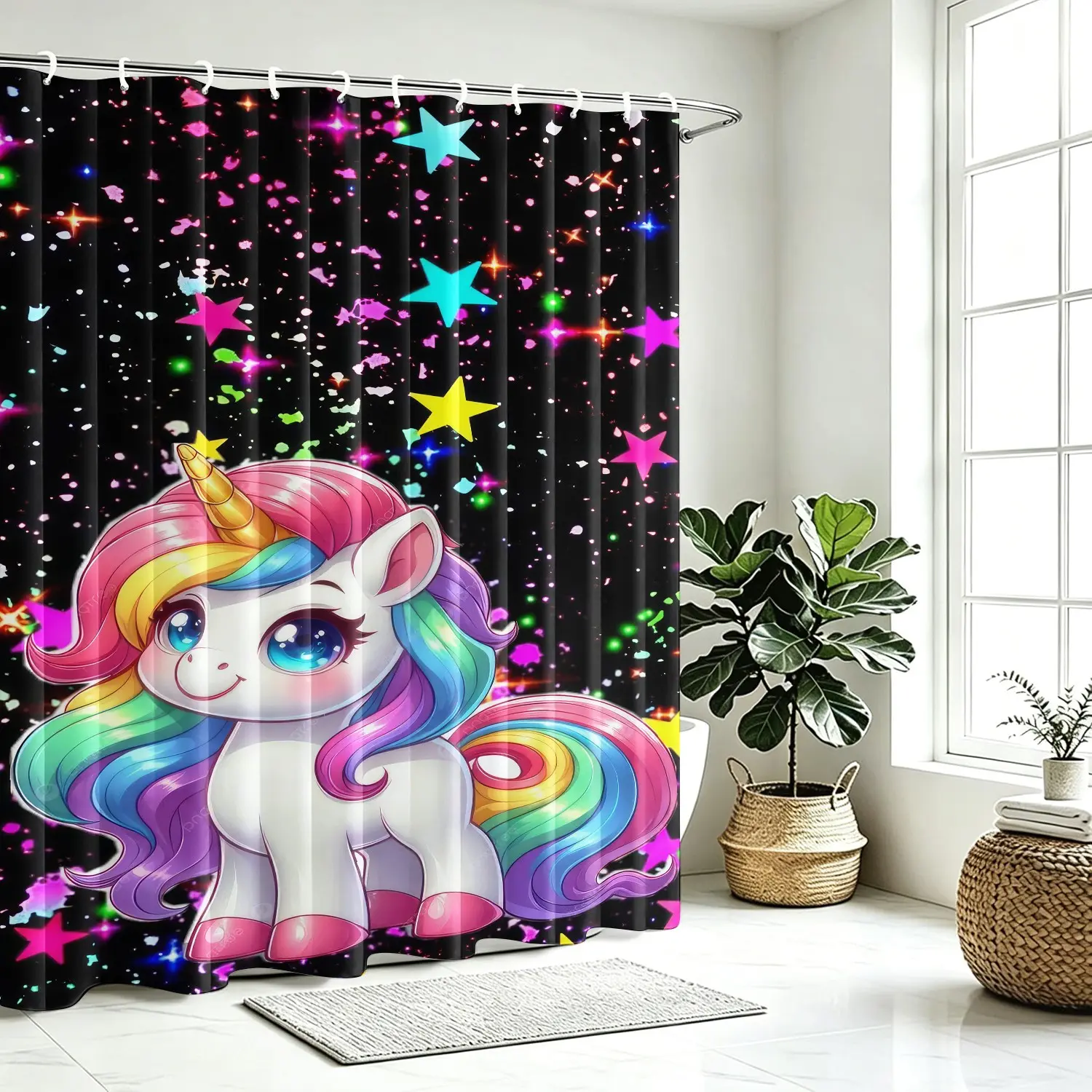 Cute Rainbow-Maned Unicorn Shower Curtain, Black Starry Sky with Multicolored Stars Bathroom Divider Curtain, Waterproof and Mildew-Resistant Fabric Shower Curtain, Bathroom Decor for Girls and Children