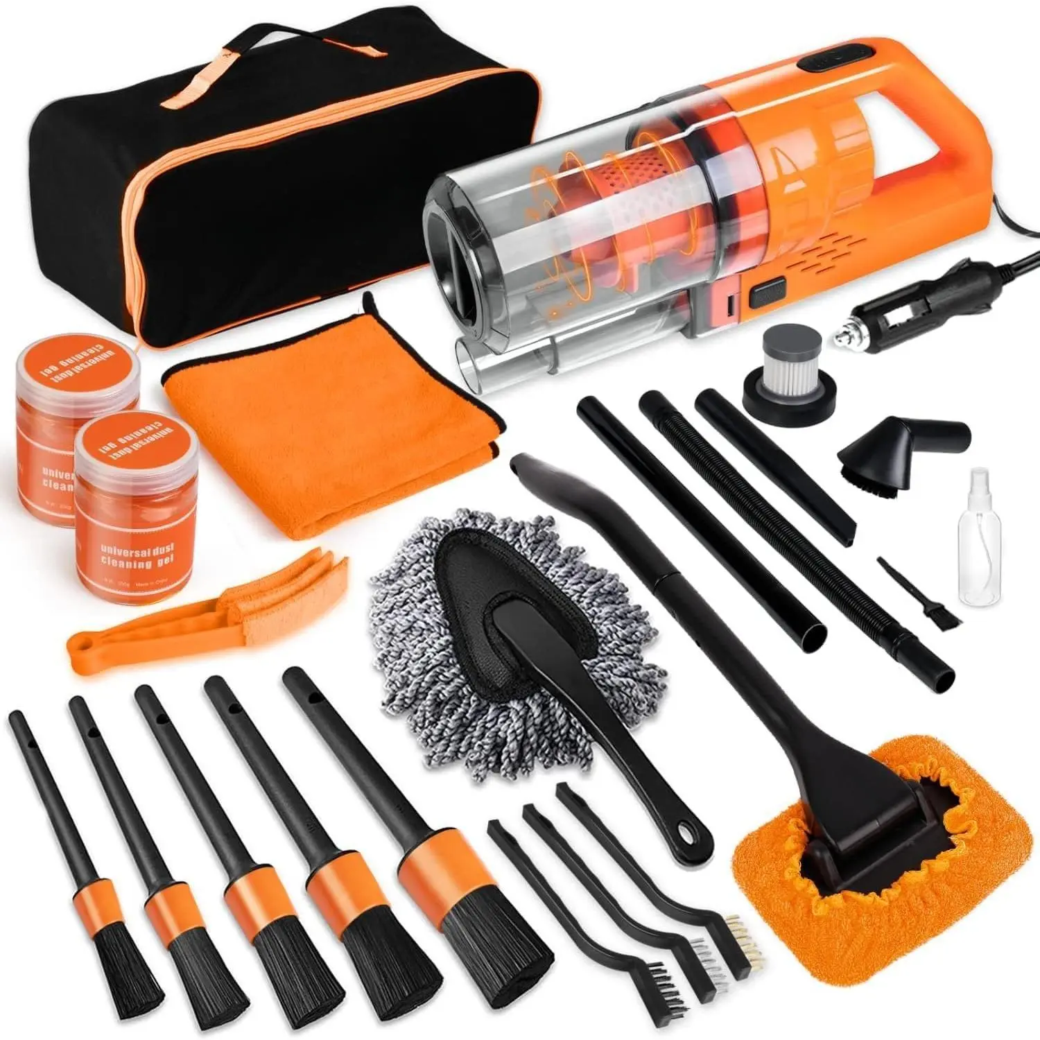 Cleaning Kit, Orange 17 count  Interior Detailing Kit with High Power Handheld Vacuum, Detailing Brush Set, Windshield Cleaner, Cleaning Gel, Complete Auto Accessories for Women Men Teens