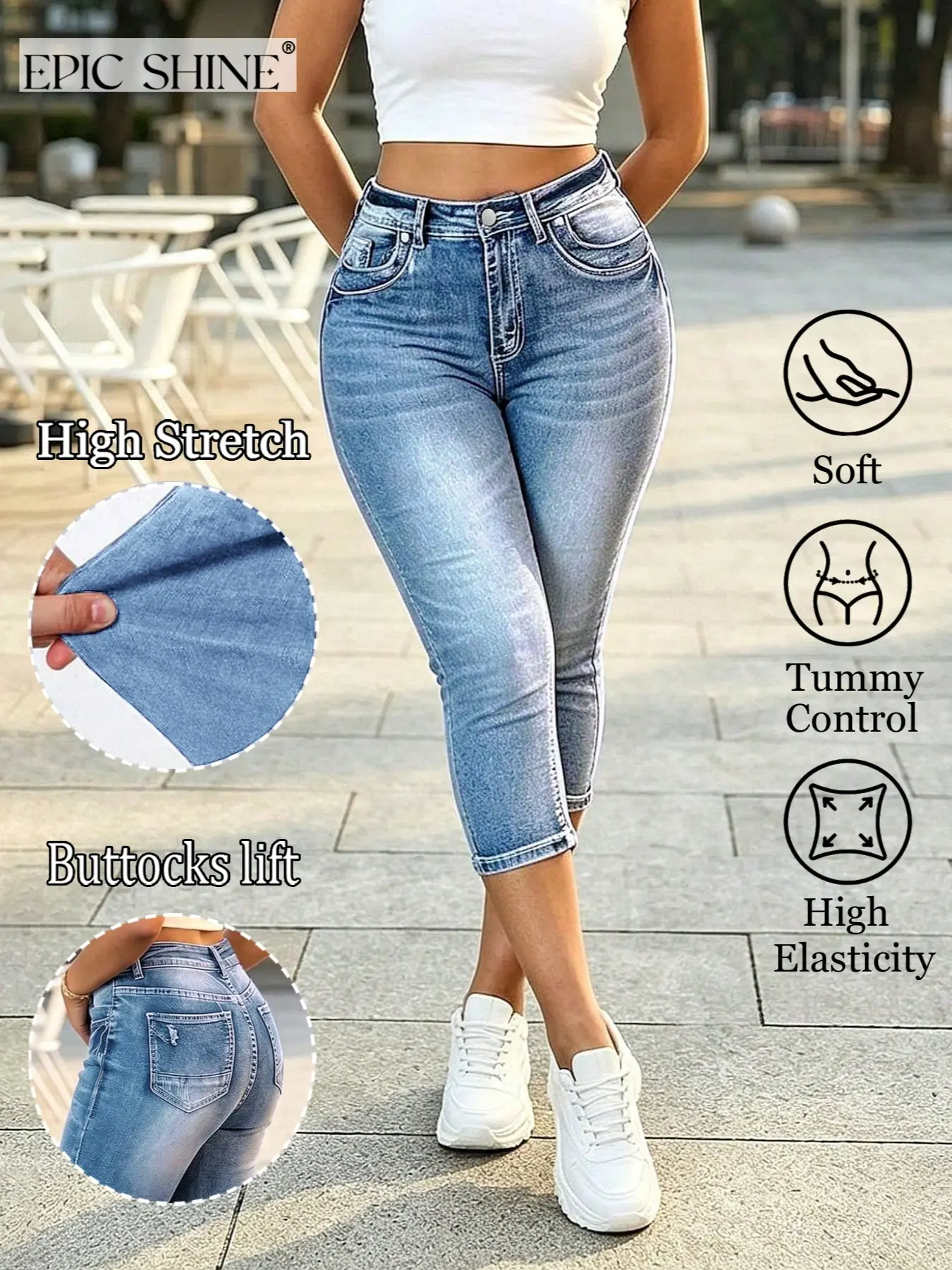 Women's High-Waisted Stretch Denim Capri Jeans Pants, Washed Blue, Tight Fit, Casual Style, Spring Summer Fall Daily Wear, Usa Fashion, Bottom