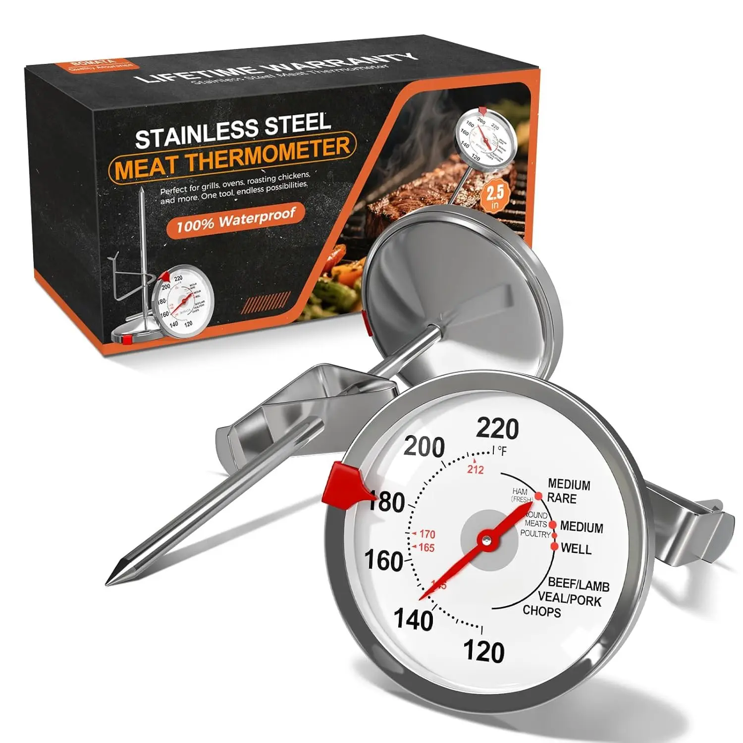 2 Pack Meat Thermometer Oven Safe, Leave in Probe  Thermometer | 2.5 in Extra-Large Dial, IPX8 , NSF Certified, 304 Stainless Steel, for Cooking, Steak, Chicken, Turkey, Pork, Lamb