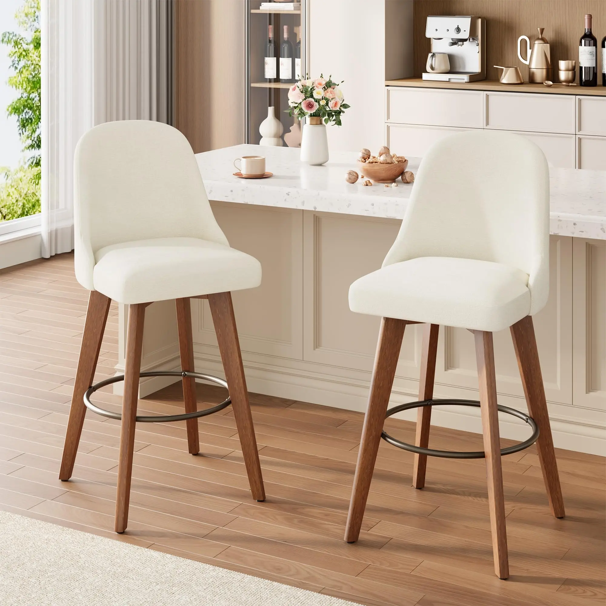 360° Swivel Bar Stools Set of 2, Linen Upholstered Counter Height Bar Chairs with Wood Legs for Kitchen Island, Home Bar