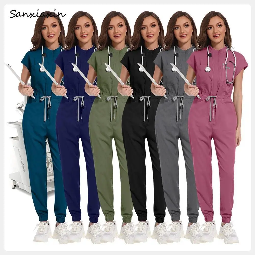 Men's Basic Plain Short-Sleeved Scrub Jumpsuits, Solid-Color Workwear Clothes for Medical Nursing, Manicurist Professionals