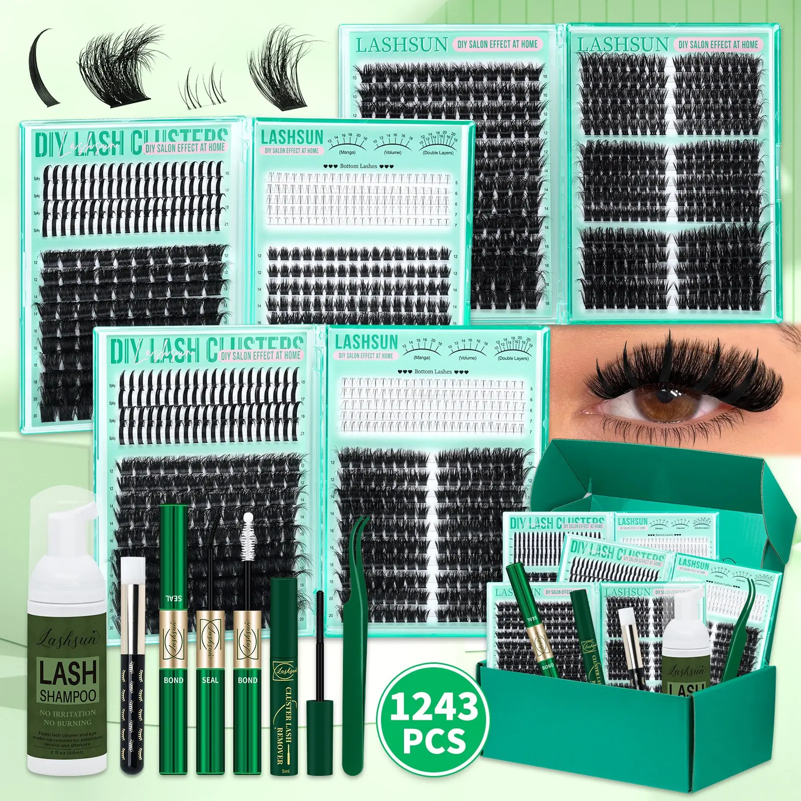 1243 Pcs D Curl Eyelash Clusters Set, Mixed 5-21mm 8 Styles Bottom/Spike/Mega/Cat/Volume Thick 3D Multi-Layered Lashes, Kit with Bond&Seal Remover Tweezers Lash Shampoo Brush, DIY at Home Easily, Easy Apply for Makeup Daily