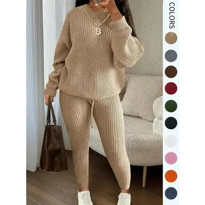 Women's Solid Drop Shoulder?Long Sleeve?Sweater & Drawstring Waist Pants Set, Casual Fashion Cozy Knitwear for Daily Outdoor Wear, Ladies Fall & Winter Clothes(Raincoats)