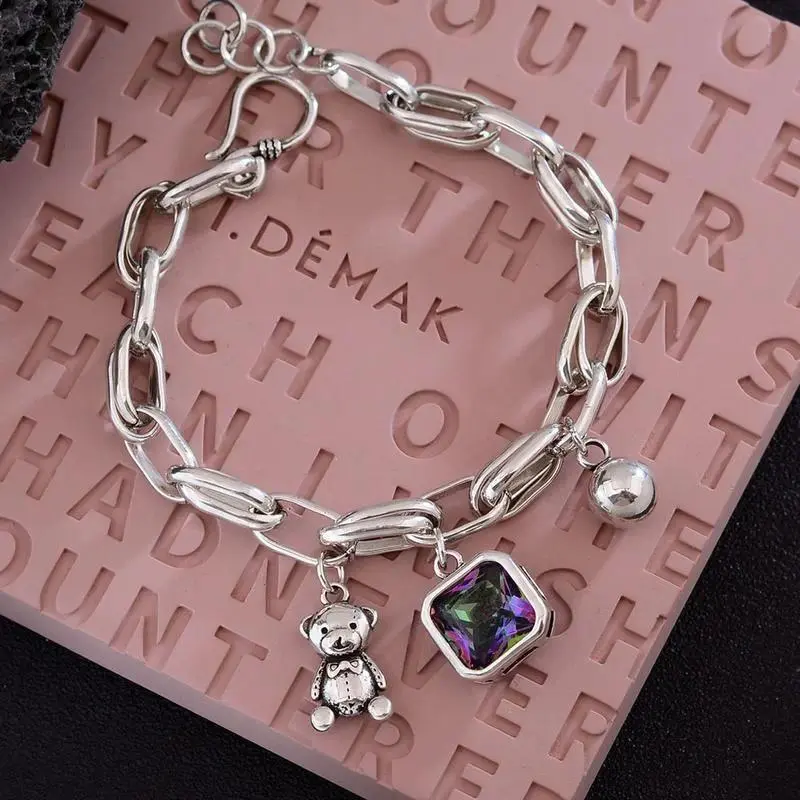 Crystal Charm Bracelet for Women, Sweet 925 Sterling Silver Little Bear Design, Shiny Jewelry for Summer Vacation and Gifting, Sweet Wrist, Sporty Sports Wristbands, Bracelet With Pendant