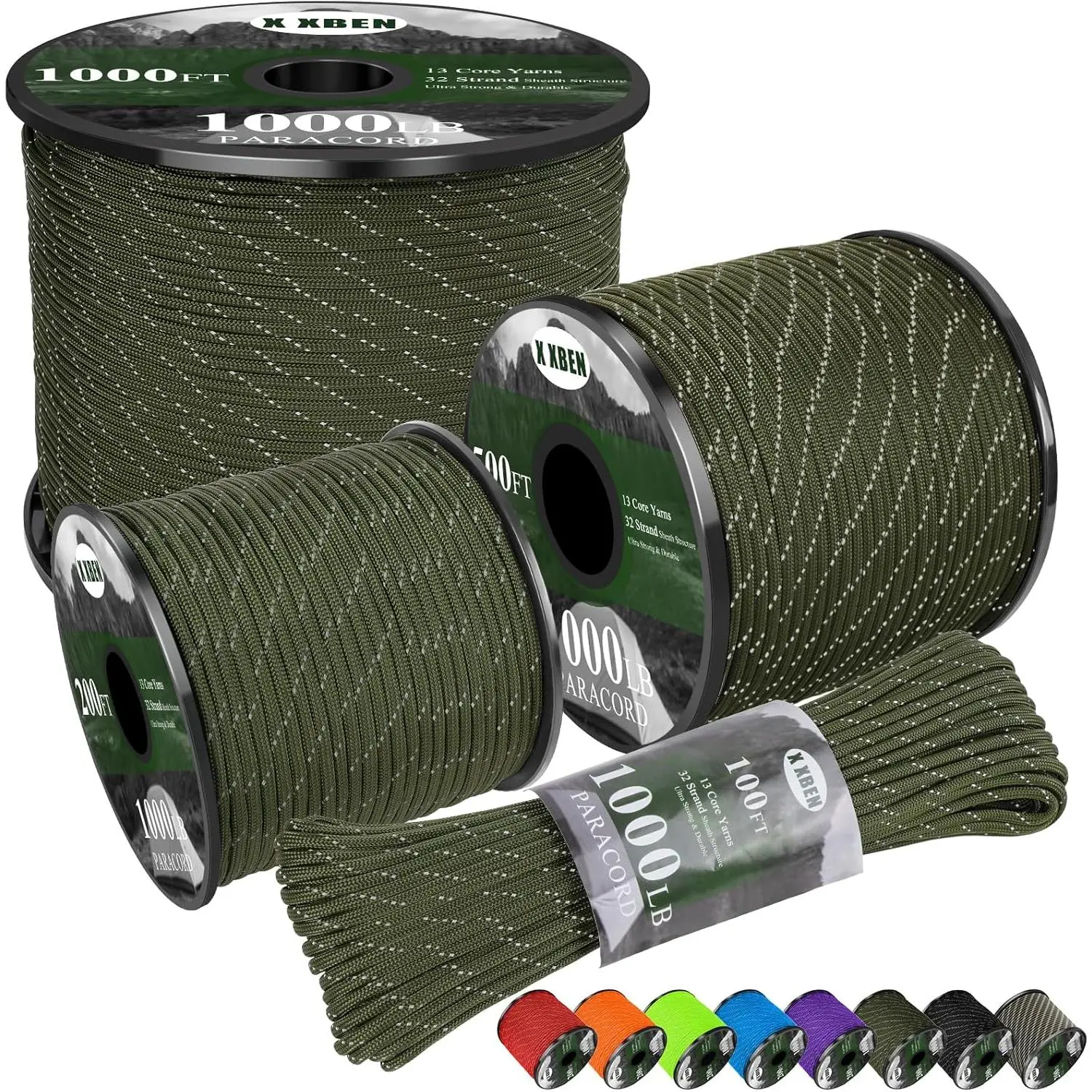 13-Strand Reflective Nylon Paracord Rope - 4mm, 1000lb Tensile Strength, Anti-Ultraviolet Guy Ropes for Tent, Multiple Lengths (50/100/200/500/1000ft) Tactical Cord for Outdoor Activities, Army Green, 200Ft, Nylon Rope, Bushcraft Guy Ropes