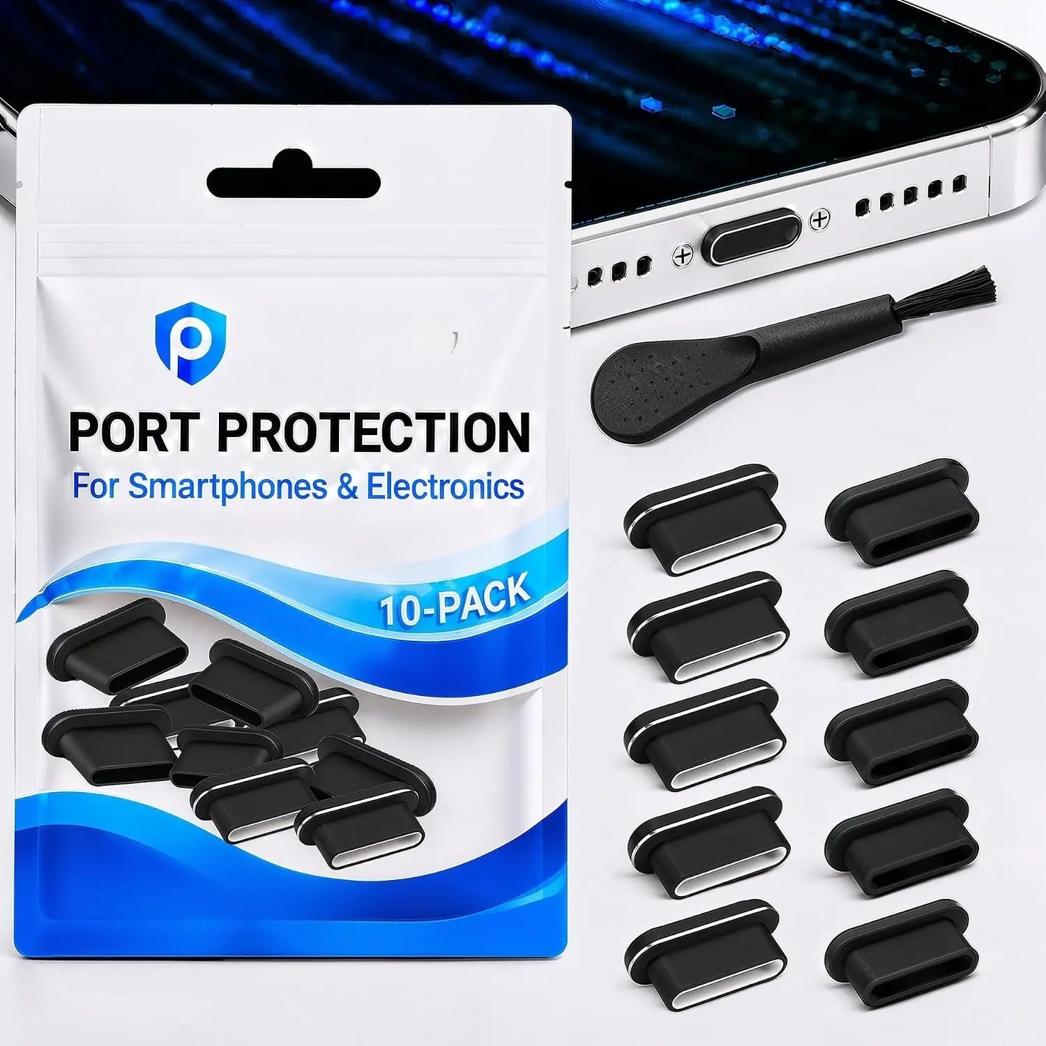 USB-C Dust Plugs for  17 16 15, Galaxy S25 S24 S23, Pixel, iPad, USB C Devices, Case Friendly Port Covers with Cleaning Brush - (10-Pack: 5  + 5 ) - Black