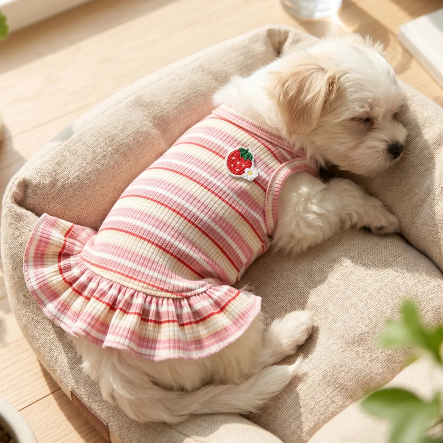 Kawaii Strawberry Dog Dress for Small Dogs, Pink White Yellow Striped Ruffled Trim Pet Sundress Summer Cute Female Puppy Clothes for Maltese Bichon Frise