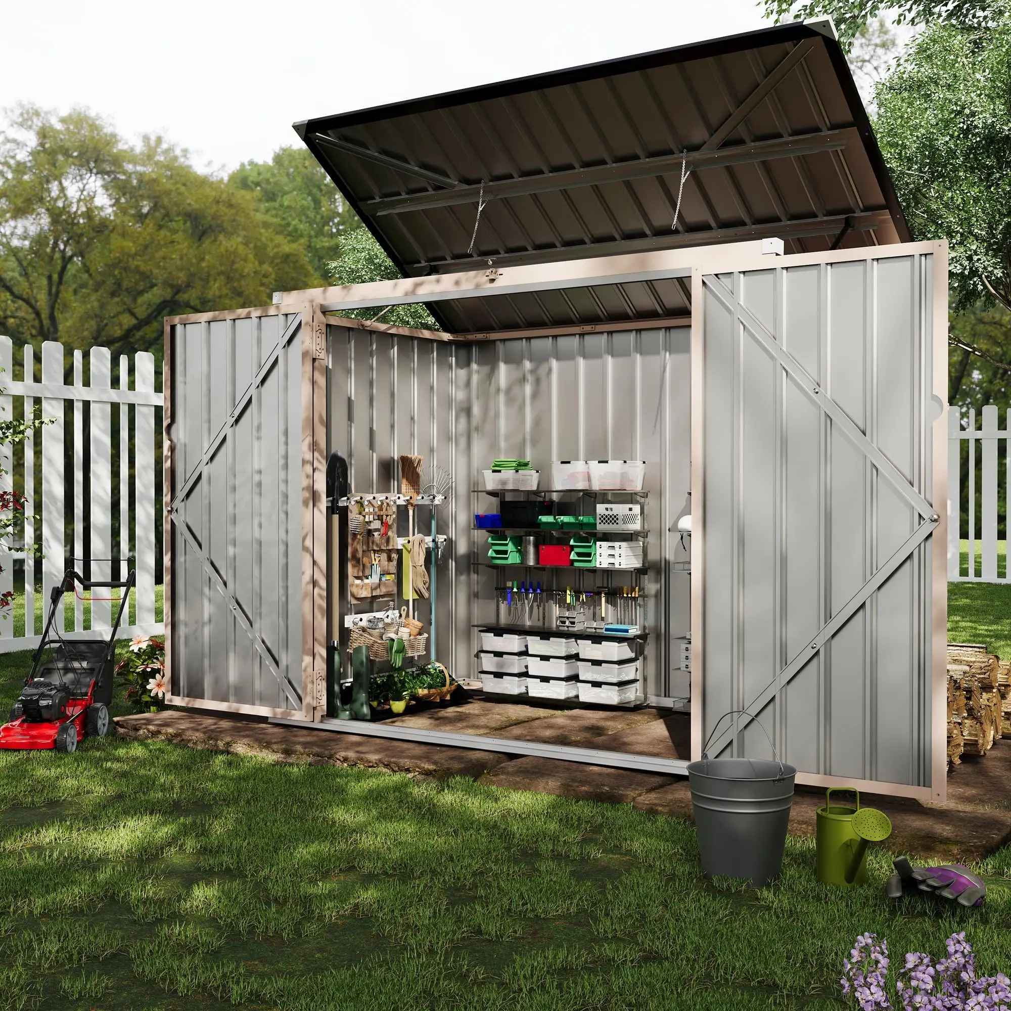 3x6 FT Metal Trash Can Shed, 2-Bin Outdoor Storage with Chain Lid, Garbage Bin Enclosure for Garden/Backyard/Patio