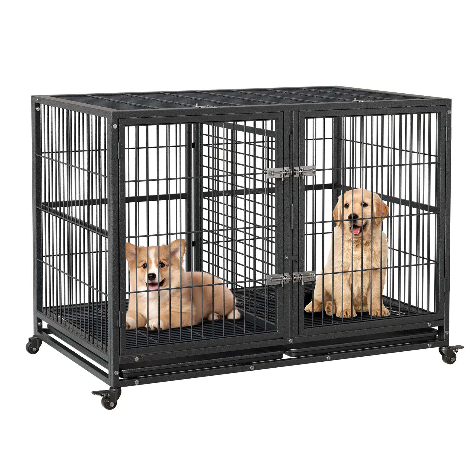 Steel Heavy Duty Dog Crate - Lockable Wheels, Removable Tray, Easy Assembly & Cleaning, Indoor Pet Kennel (42.13x28.74x32.28 in, 47.24x29.92x35.04 in, 51.18x29.53x44.88 in) for Large-Medium Pets
