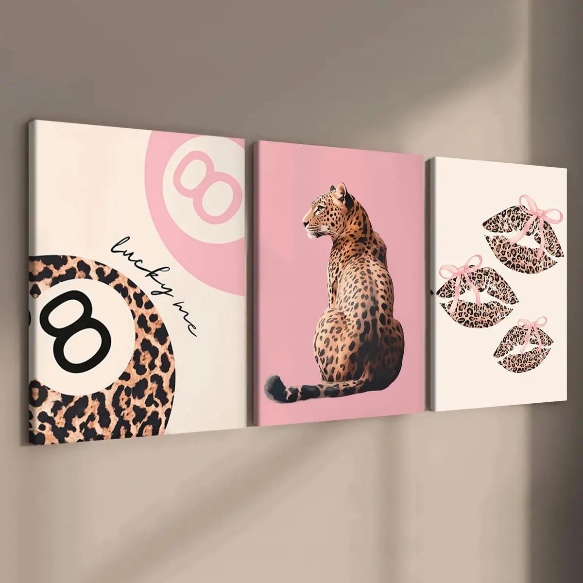 3-count wooden frame canvas, fashionable leopard print Animal Prints lucky black 8 art poster, perfect living room decoration, modern art, fashionable poster, suitable for corridor, office and bedroom wall decoration, waterproof