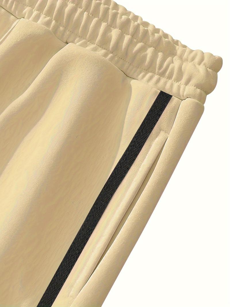 Men's Casual Polyester Pants, Solid Color, Side Stripes and Button Details, Regular Fit, Drawstring, Suitable for All Seasons, Comfortable and Fashionable for Adults