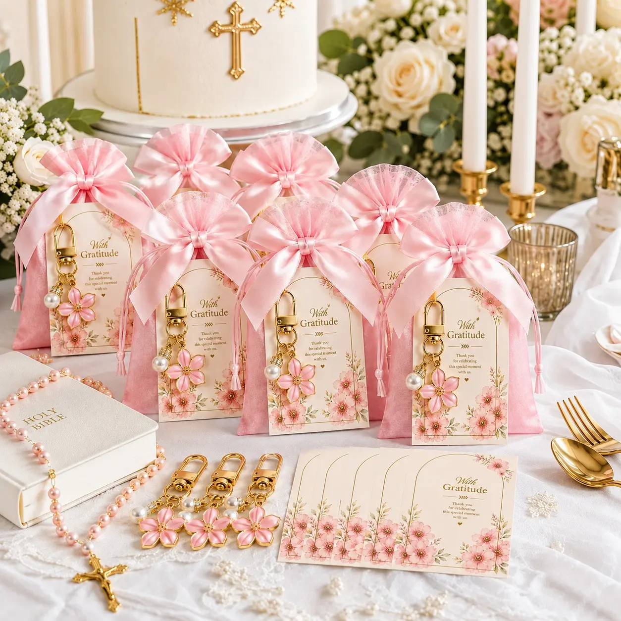 30 Pcs/10 Sets Baby Shower Favors for Guests, Pink & White Cherry Blossom Pearl Keychains with Pink Organza Gift Bags and Thank You Cards, Gender Reveal Party, Baptism and Christening Favors, Birthday Party Gifts and Guest Keepsakes