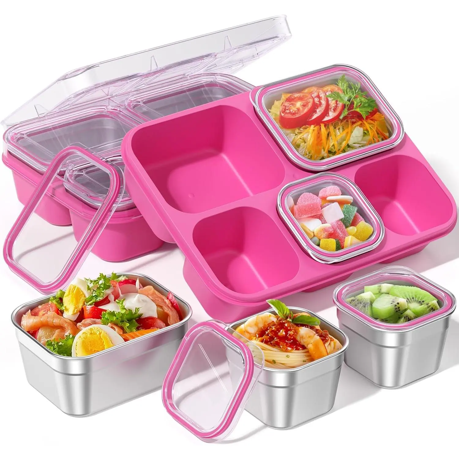 304 SS+Plastic 5-Compartment Rectangular Pet Snack Tray, Sturdy Lightweight Portable Reusable Leakproof Bento Lunch Box with Removable Lid for Kids' Fruit Candy Nuts - Picnic, Travel (Pink)