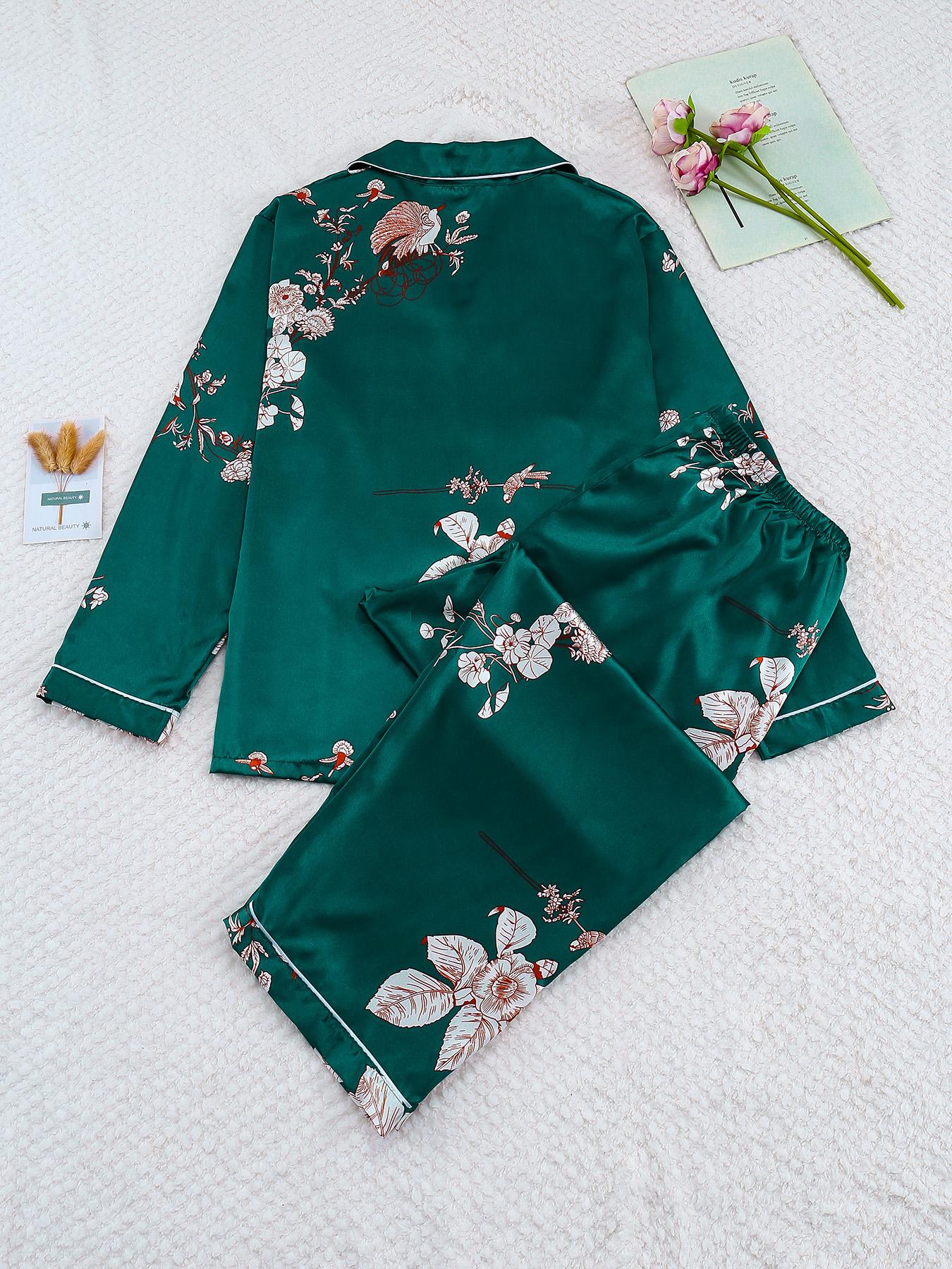 【Plus Size】 Two-Piece Set All Over Print Button Front Shirt & Pants Satin Pyjama Set, Casual Comfy Long Sleeve Top & Trousers PJ Set, Women's Sleepwear for Spring & Fall