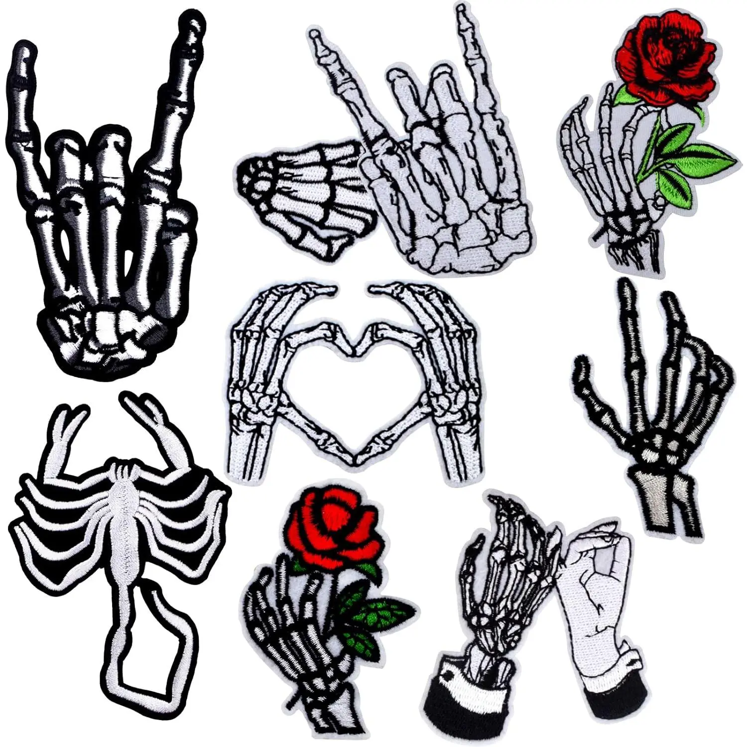 9 PCS Goth Embroidered Iron-On Patches for Clothes Skull Patch Holding Rose Skeleton Hand Punk Embroidery Applique for Clothes Backpack Hat Jackets Black and White Patches