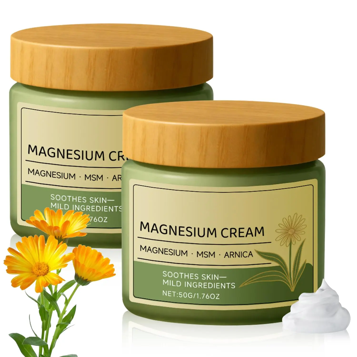 2Pcs Plant-Based Magnesium Cream with MSM & Arnica, Mild Formula Body Care Lotion for Nerve Relief & Skin Soothing, Daily Moisture Moisturizer (50g/1.76oz)