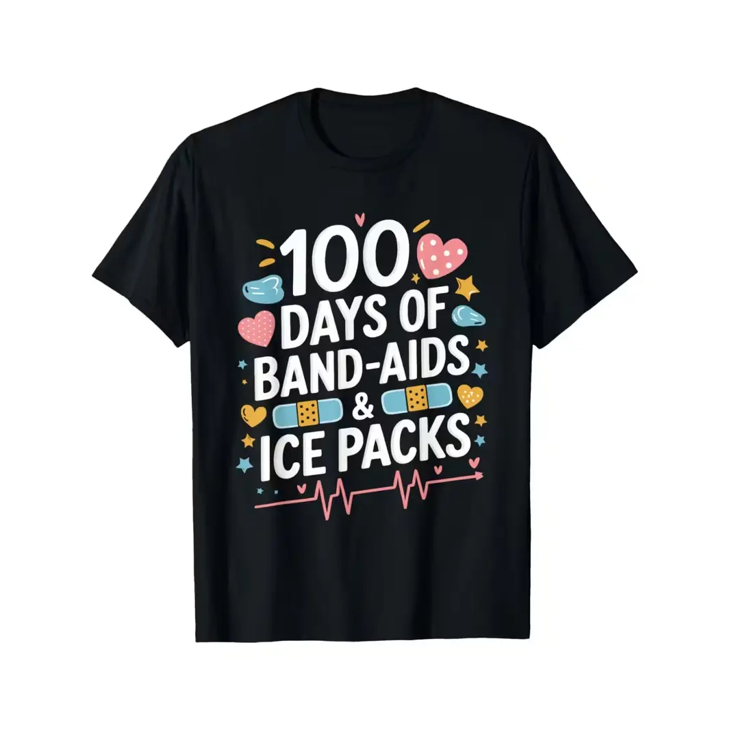 100 Days Of Band‑Aids & Ice Packs Nurse Graphic Oversized Cotton T‑Shirt, Medical Fashion Comfort Outfit, Ideal Gift For Nurse Medical Worker Friend Birthday Present
