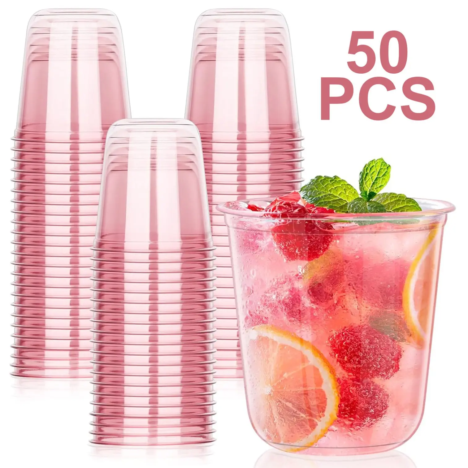 50 Pcs Plastic Party Cups, Pink Clear Champagne Glasses, Wine Cocktail Glasses, Cute Clear Stemless Glasses, Round-Bottom PET Cold Drink Mugs, Suitable for Weddings, Christmas, Outdoor Picnics, Birthday Parties and Everyday Use.