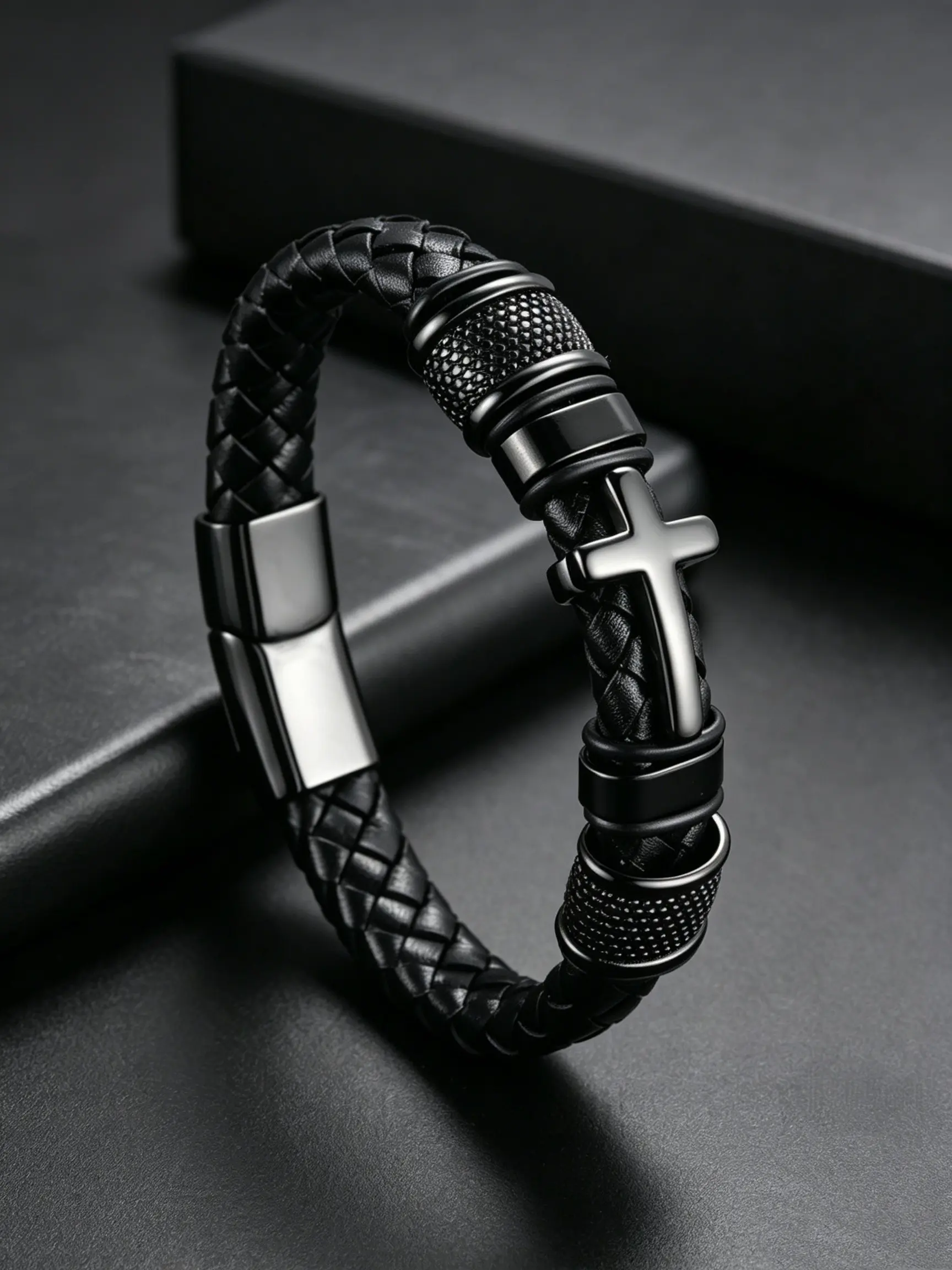 Cross Leather Braided Bracelet, Vintage Multi-Layer Bangle, Magnetic Clasp, Punk Style, Unisex, All Seasons, Streetwear Jewelry