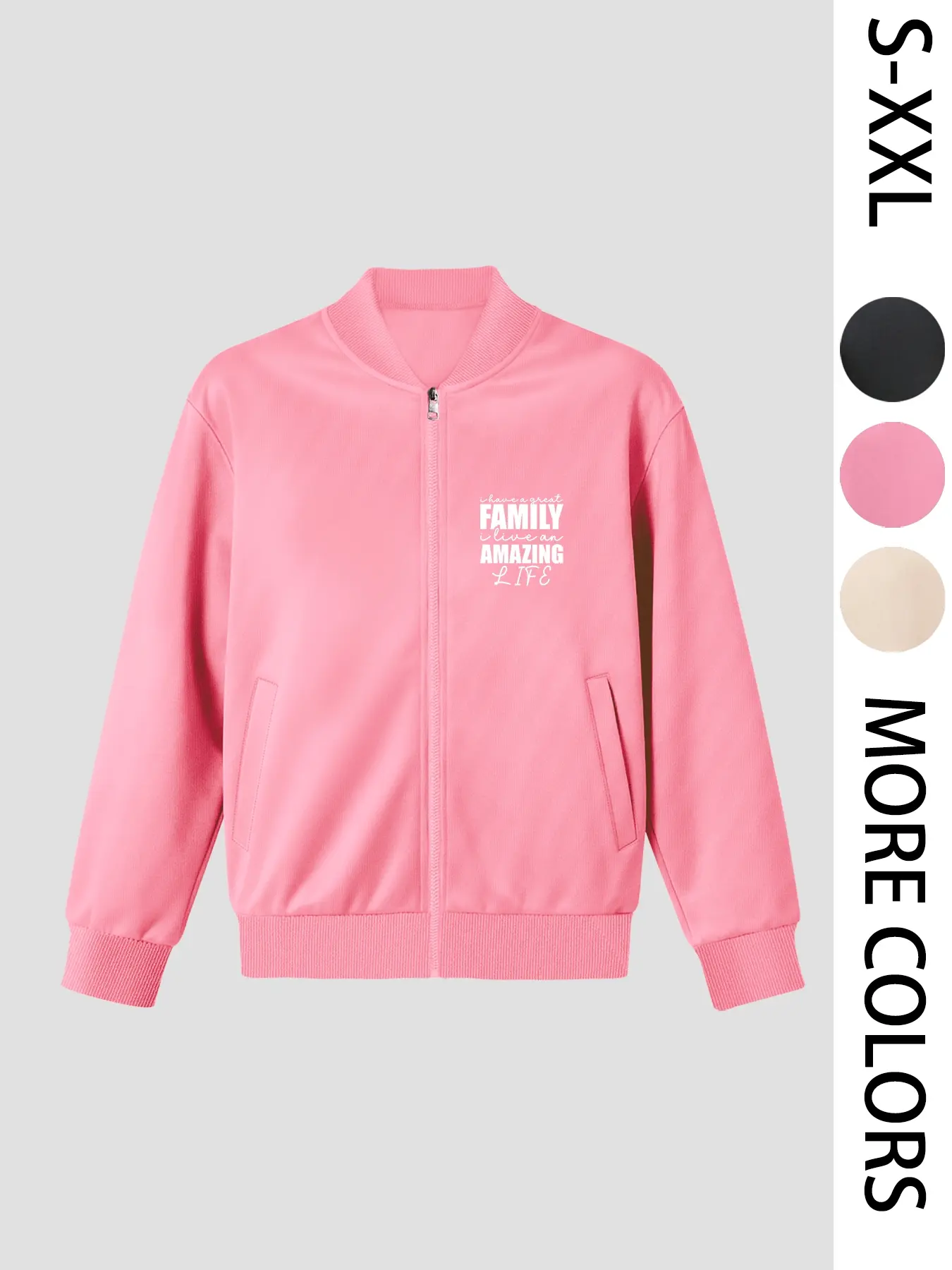 "FAMILY is an AMAZING LIFE" Women's Printed Zip Long-Sleeve Jacket, 4-Season Casual Long-Sleeve Bomber Jacket, Fashionable Outerwear for Daily Wear & Outdoor Activities - Layering Style