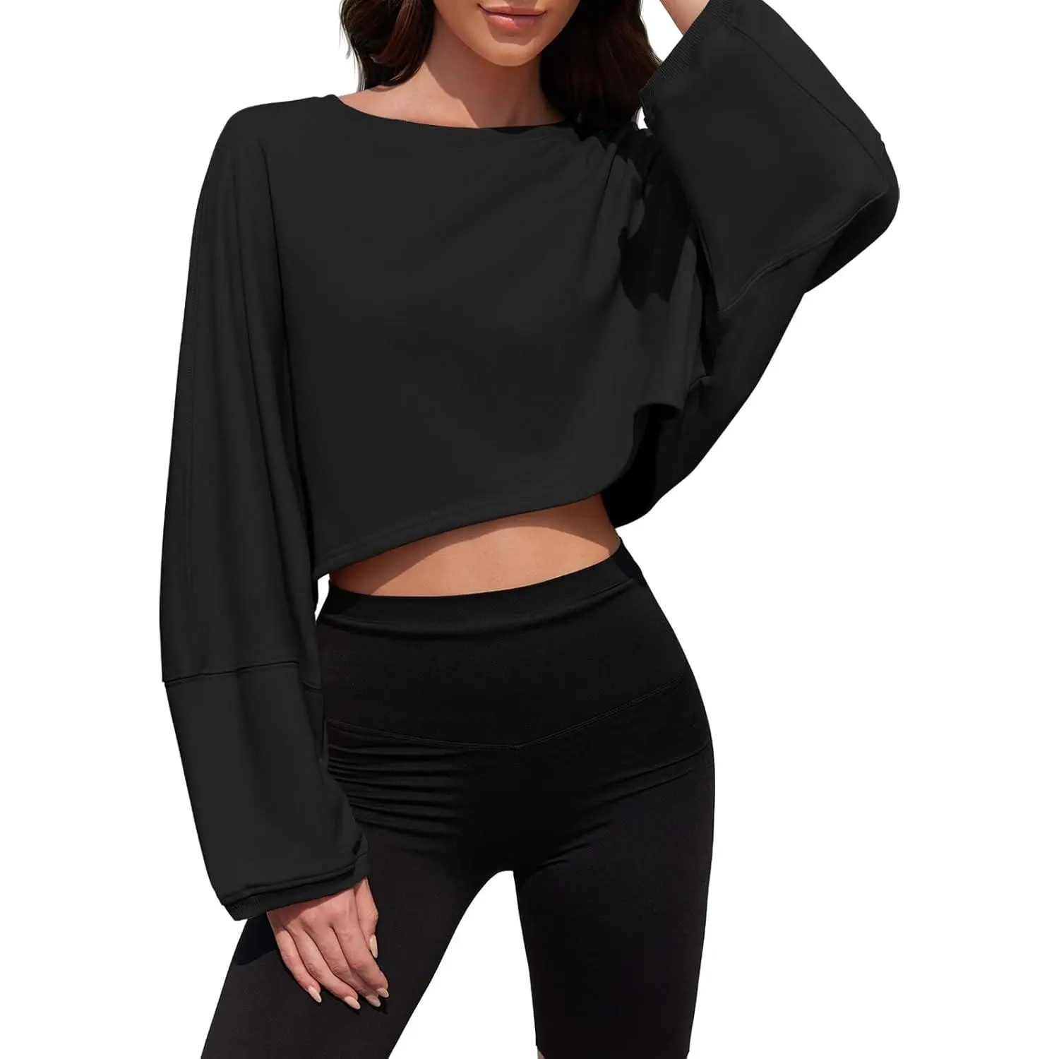 Women's Cropped Crew Neck Sweatshirt with Long Balloon Sleeves - Casual Loose Fit, Solid Minimalist Activewear for Workouts, Activewear T Shirt, Minimalistic Activewear