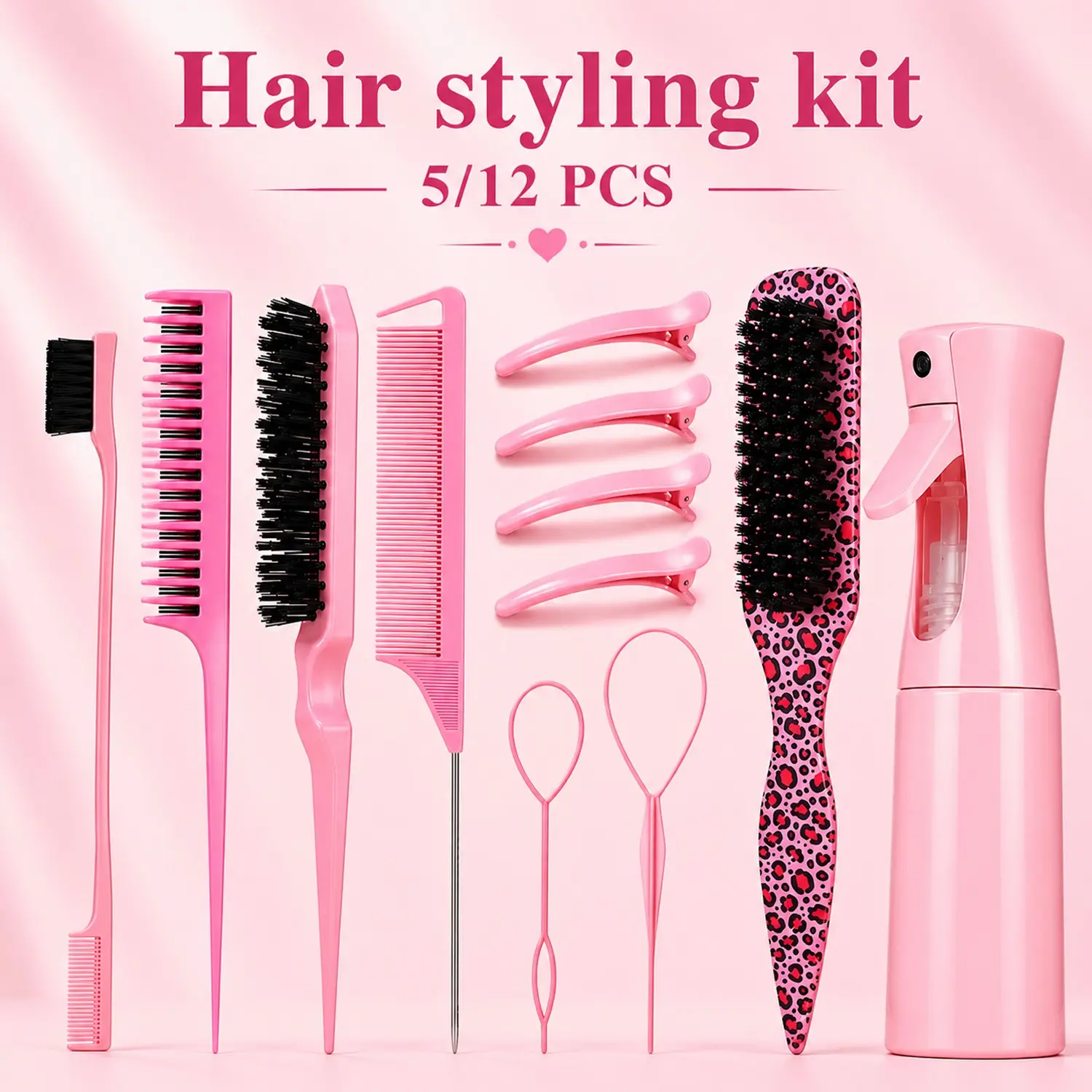 5/12Pcs Hair Styling Kit, Home Styling Tool, All-in-One Hair Brush & Comb Set with Fine Mist Spray Bottle, Edge Brush, Rat Tail Comb, Paddle Brush, Hair Clips & Styling Tools for Detangling, Smoothing, Sectioning, Sleek Buns, Ponytails & Daily Hair Care