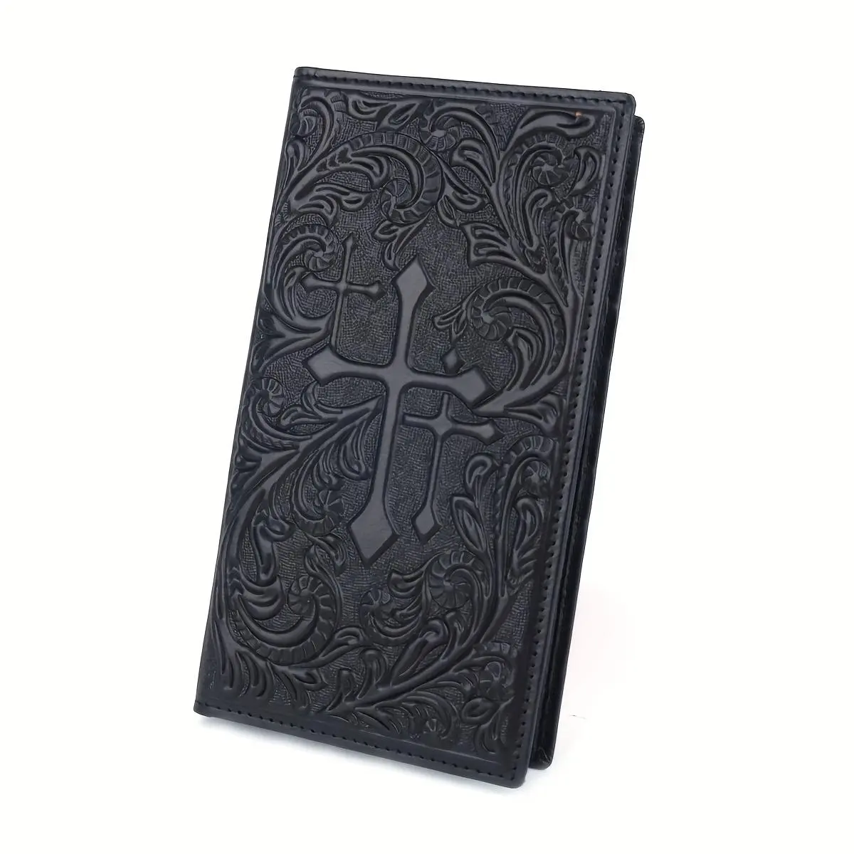 Women's Vintage Chic Full Grain Leather Long Wallet - Floral Print, Cross Emblem, 11 Card Slots, for Casual Wear, Flap Closure