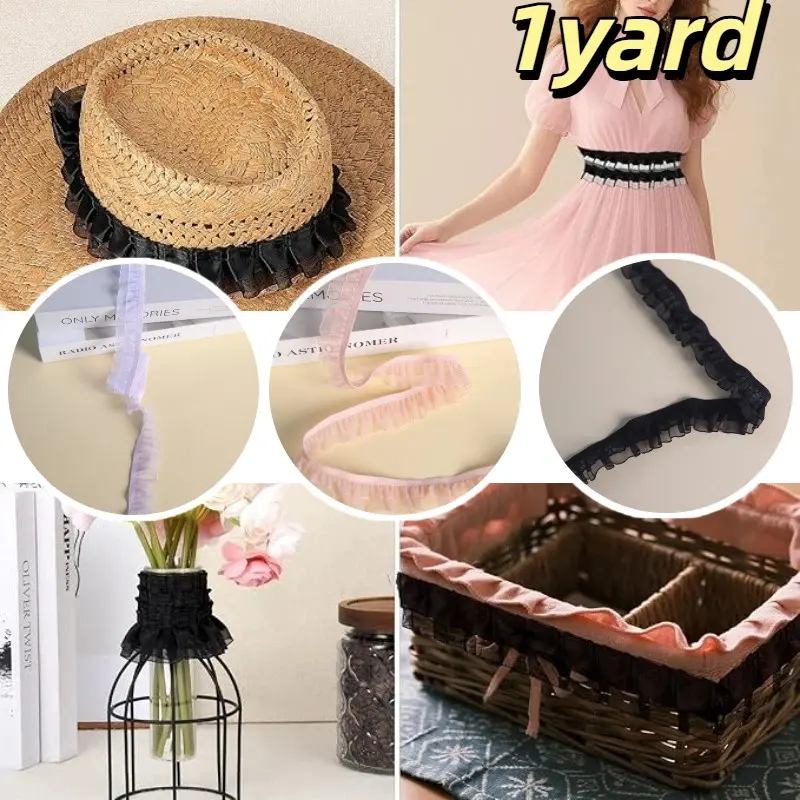 1 Yard 2cm Double Layer Elastic Lace Ruffle Trim, Handmade DIY Decoration Ribbon, Floral Edge Embellishment Material, Lace Strip