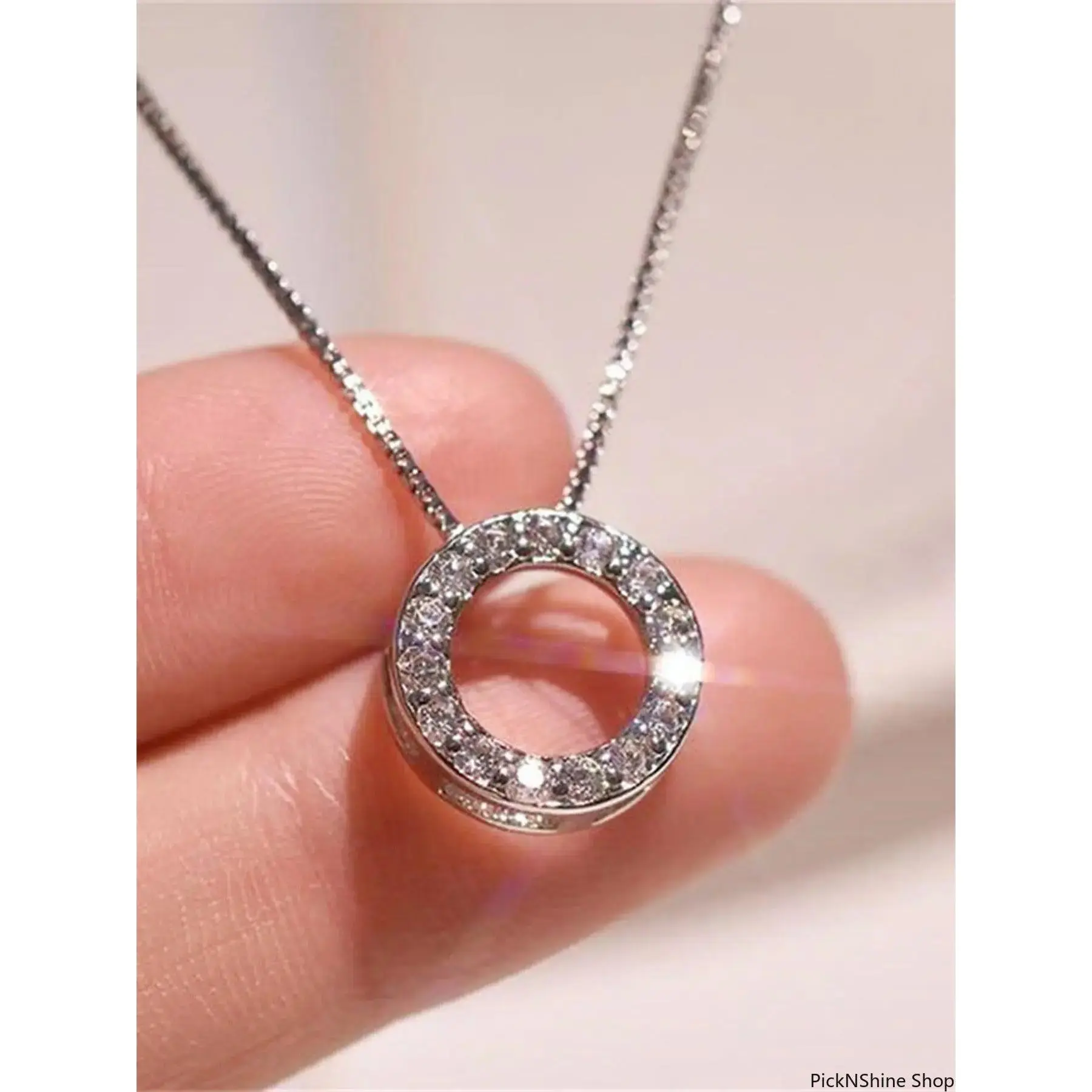 Minimalist Silver Tone Drop Necklace with Pave Crystal Circle Pendant, Dainty Casual Daily Jewelry for Women, Female, Elegant Dainty Necklace