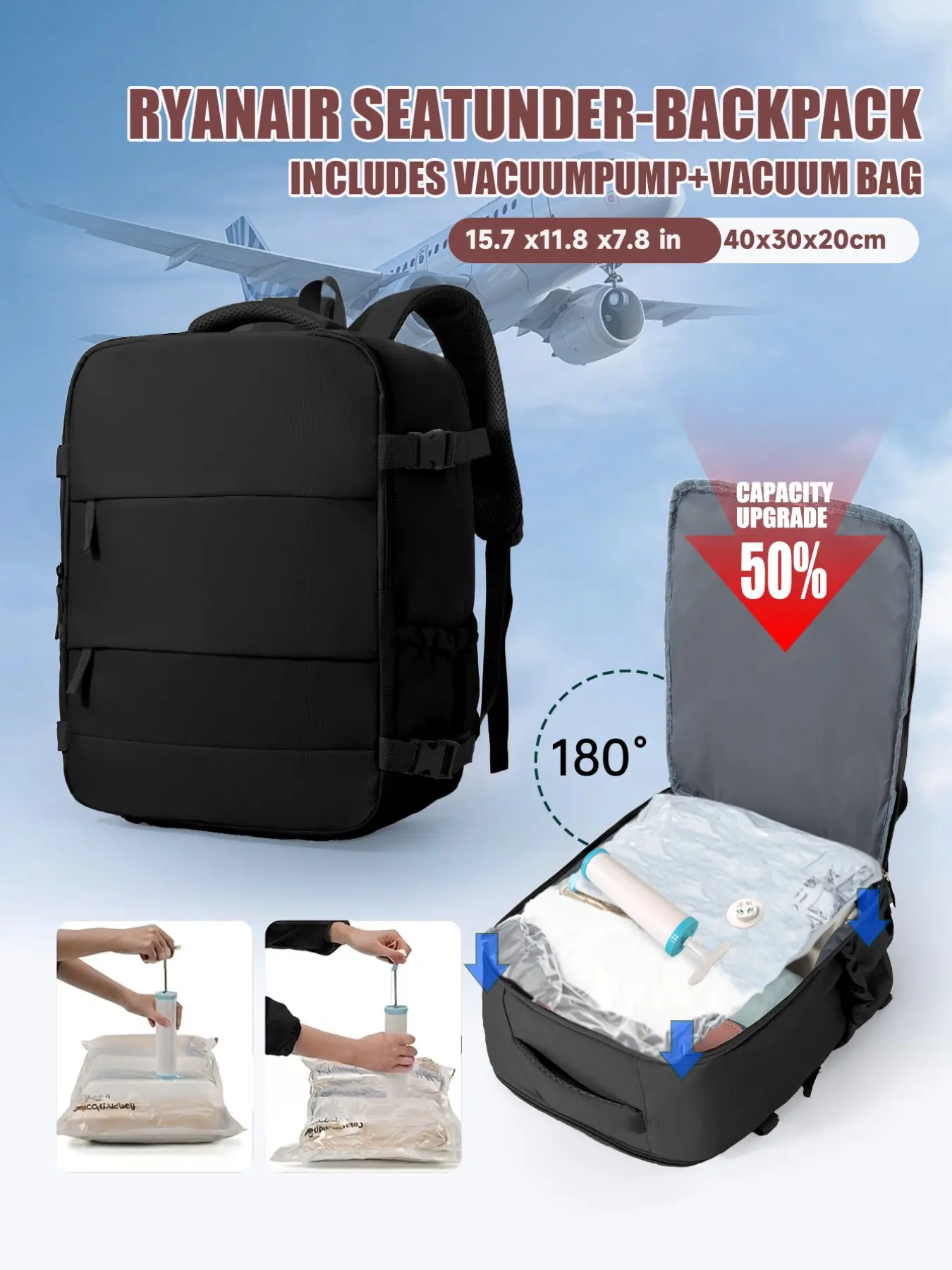 Ladies' Shoulder Bag Travel Backpack, Casual Backpack, Vacuum Travel Backpack with Manual Pump, Business Weekend Bag, Air Travel Luggage, Back-To-School Gift