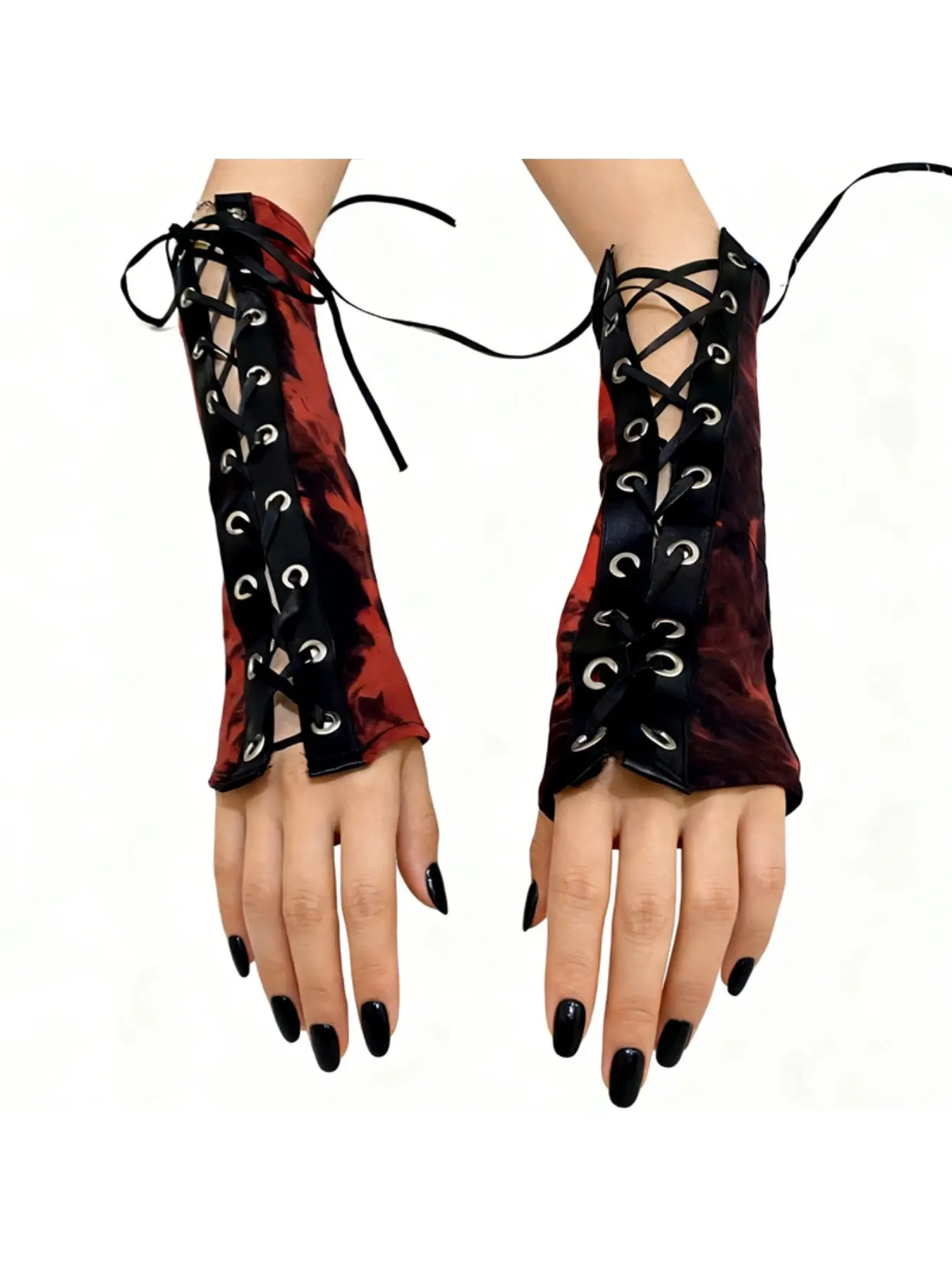 Red Tie-Dye Women's Arm Sleeves with Straps, Punk Gothic Arm Cuffs