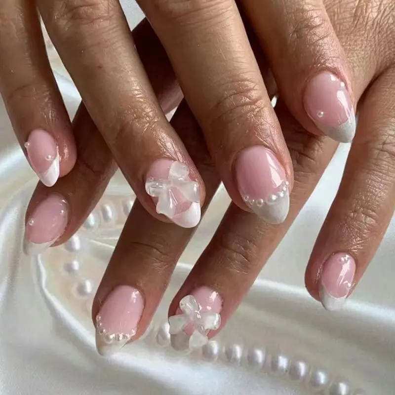 24pcs Short Oval Curved White French Tip Press-on Nails - Oval Shape, Bow & Pearl Design, Multi-Size Acrylic Reusable Nails, Salon Quality, DIY Apply, Everyday Use, Easy-On Perfect Fit