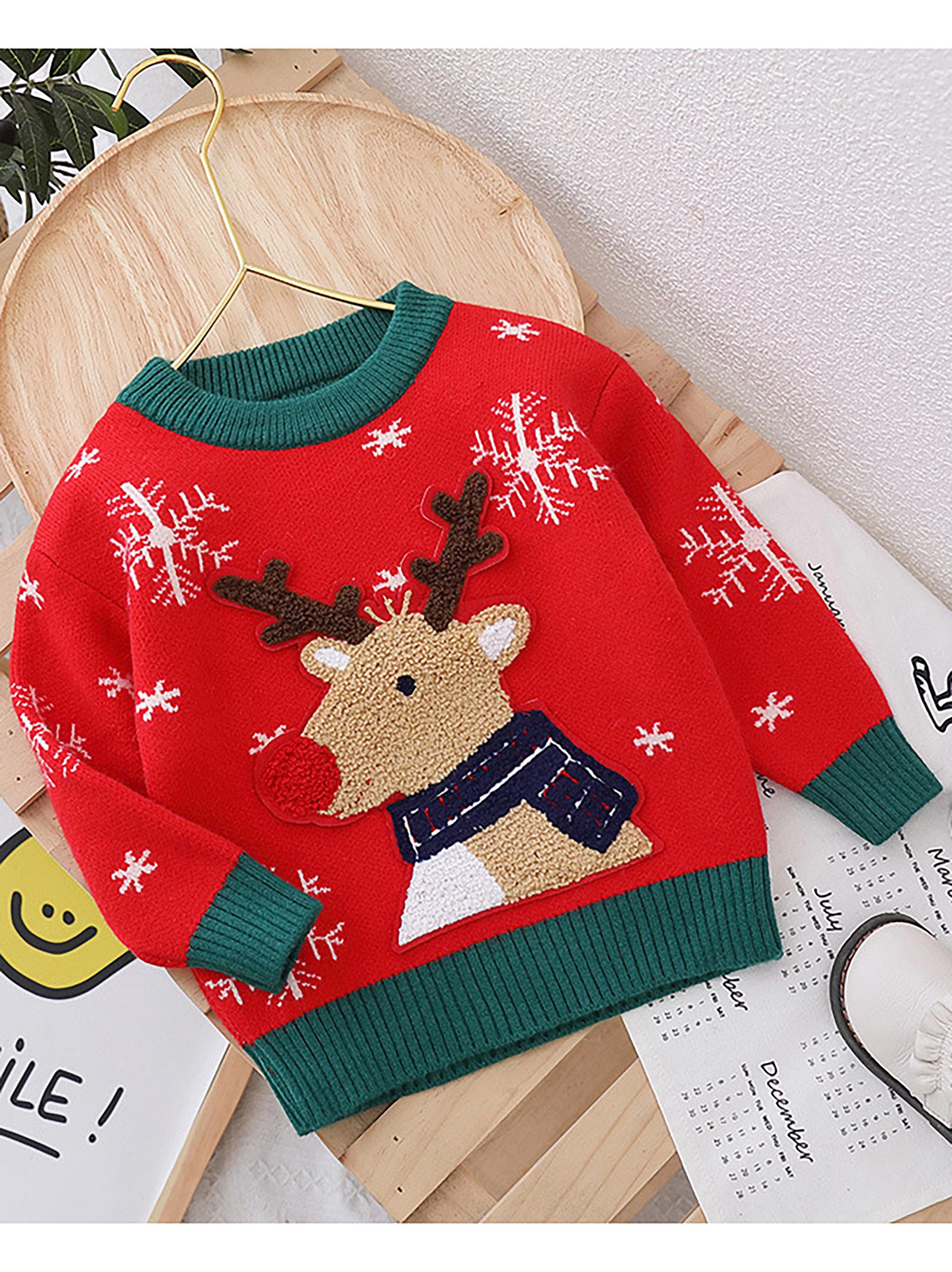 Girls' Christmas Sweater Dress with Snowflake & Reindeer Patterns, Color-Block Pullover Jumper, Loose Fit Round Neck Winter Outfits for Girls & little girls (Hand Washable)