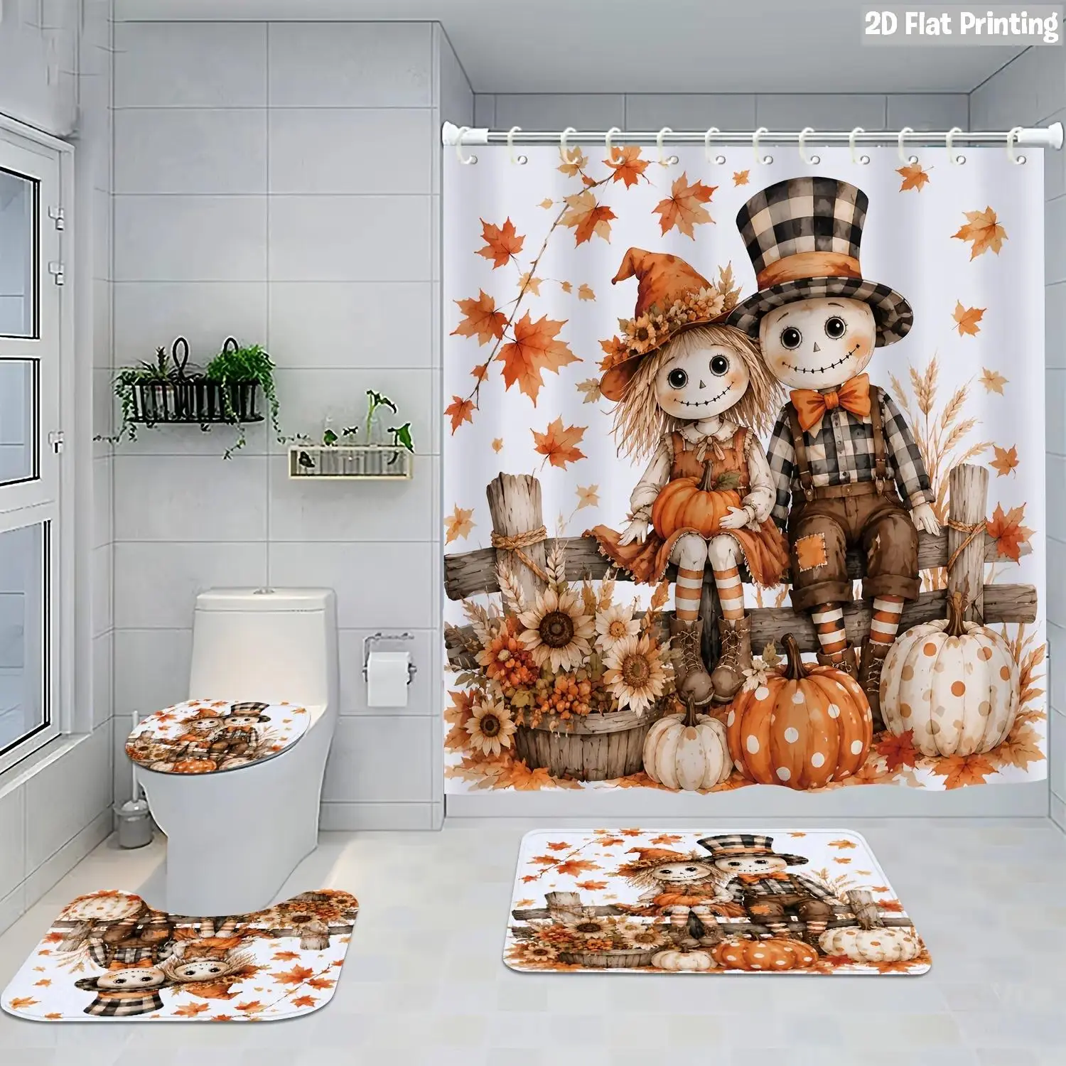 4-Piece Fall Harvest Thanksgiving Farmer and Couple Set Farmhouse Shower Curtain Set for Bathroom Decoration